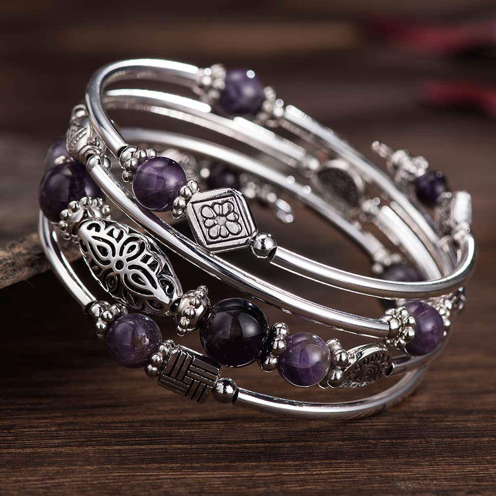 BULINLIN Layered Wrap Bangle Turquoise Bracelet - Bead Bracelet with Natural Agate Stone, Gifts For Women (02-Purple)