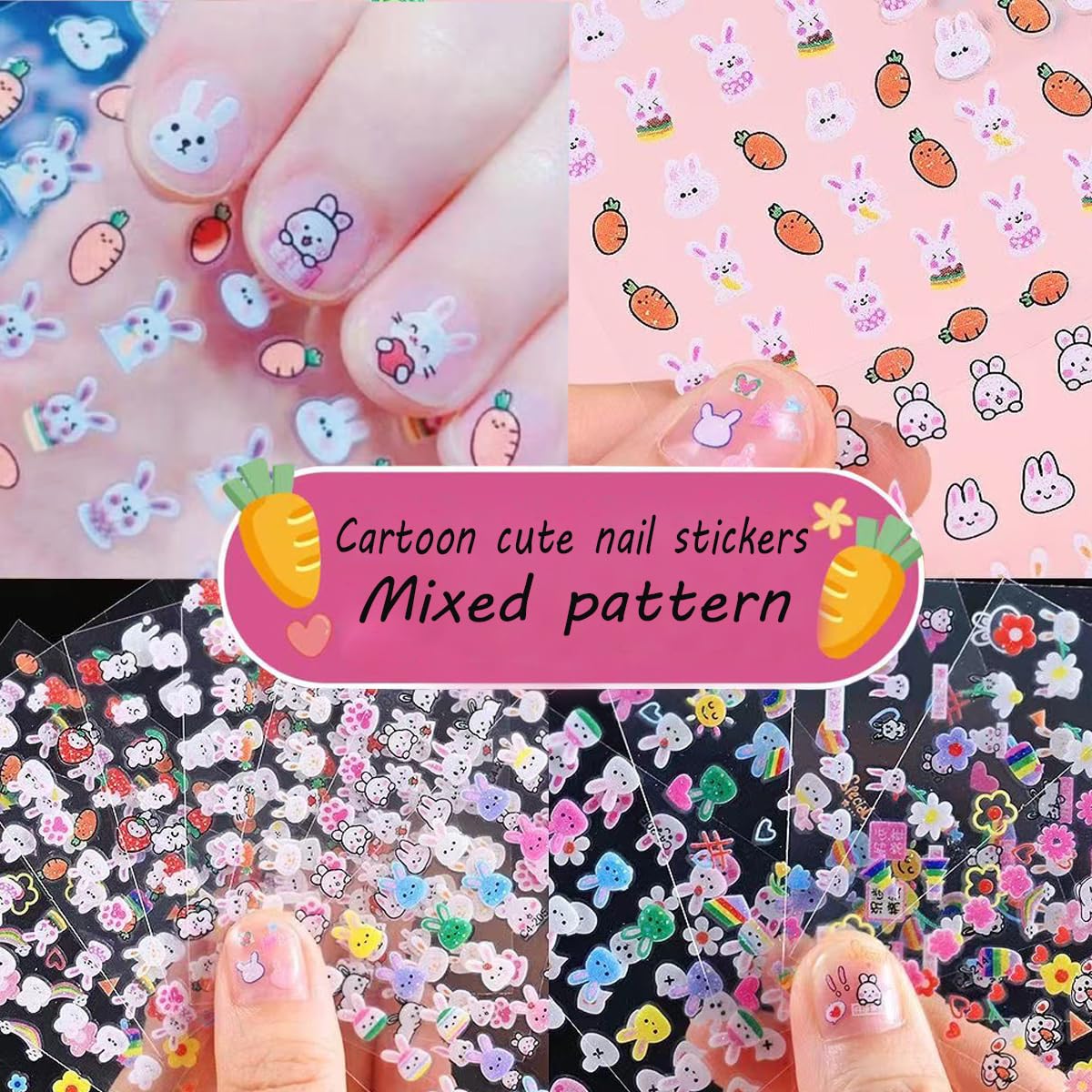 30Sheets Glitter Easter Nail Art Stickers Set 3D Self-Adhesive Nail Decals Cute Bunny Sticker for Nails Art Supplies Cartoon Easter Rabbit Design Manicure Tips Charms for Kids DIY Nail Art Decoration