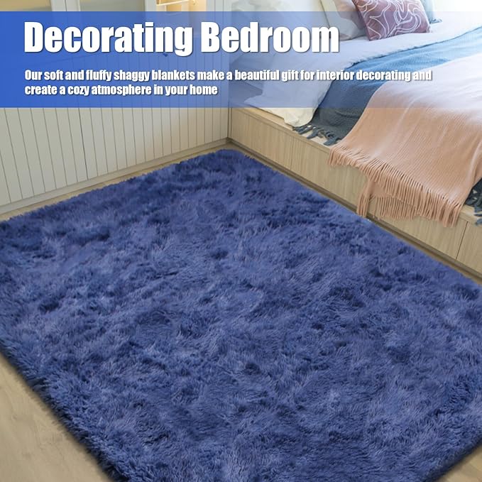Shag Area Rug for Bedroom 4x6,Blue Fluffy Area Rugs for Living Room,Soft Fuzzy Rug Non-Shedding Indoor Plush Carpet for Kids Bedroom Nursery Dorm Home Decor
