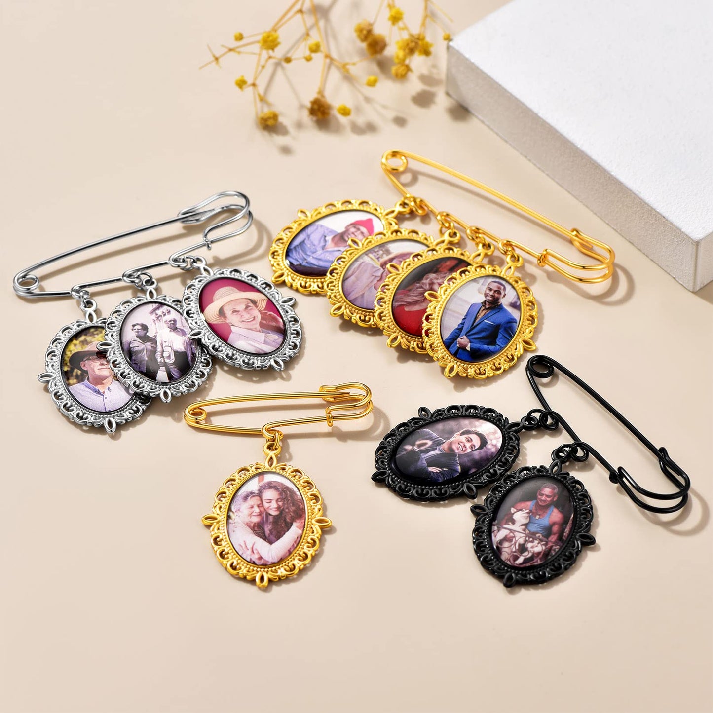 Custom4U Custom Bouquet Charms for Wedding Memory Oval Brooch Pins Photo Charm for Women Men