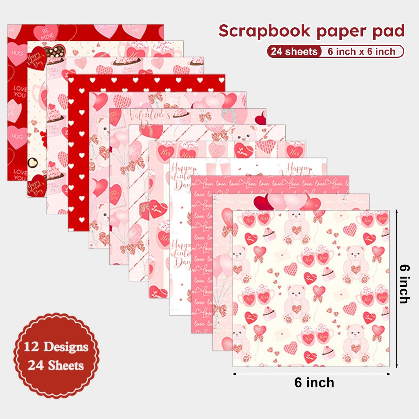 Valentine Hearts Scrapbook Paper Pad - 24 Sheets 6in Aesthetic Love Patterns Designed Decoupage Supplies for Journaling Folded Cardstock Making DIY Crafts Gift Wrapping Material