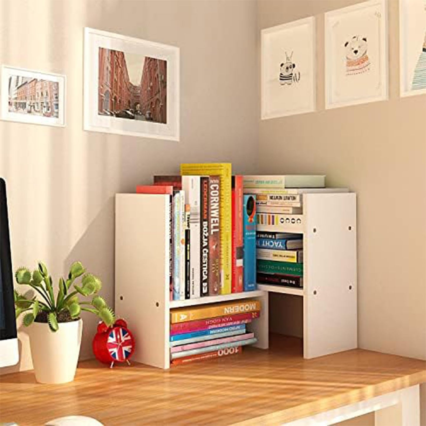 IUSEIT Desktop Shelf Organizer, Adjustable Wood Office Storage Rack, Counter Display Small Bookshelf for Home/Office/School(White)
