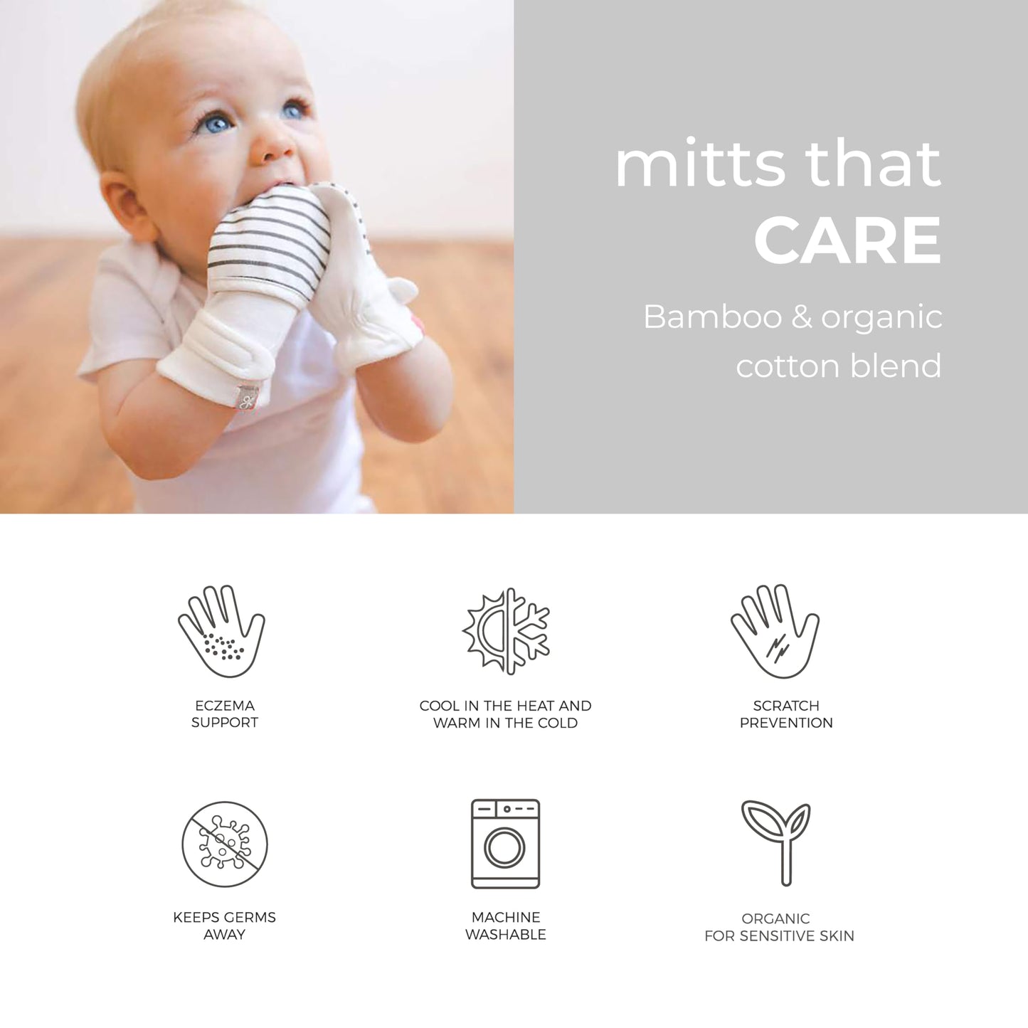 goumikids Viscose Made from Bamboo Cotton Stay-On Mitts, 0-3m Stripe Gray Mitts