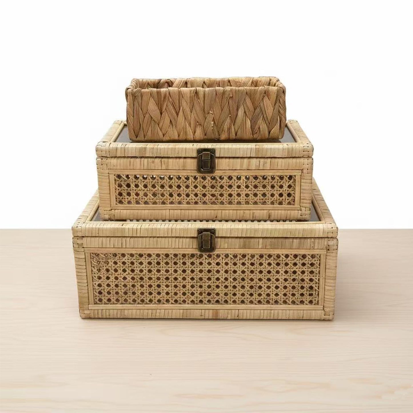OSMall Decorative Box,Rattan Display Boxes with Lids,Set of 3-Rectangular Decorative Storage Box Set,Natural Woven Storage Bins for Home Decor