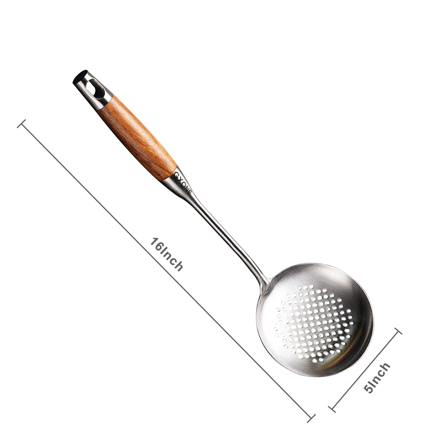 GXONE Slotted Spoon,304 Stainless Steel Skimmer Spoon with Heat Resistant Wooden Handle,Silver/15.8Inch
