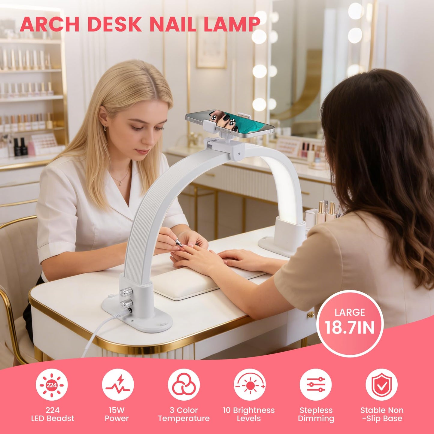 Rosiour Half Moon Light for Nail Desk: 18.5" Half Moon Nail Tech Light with Phone Holder -Shadow-Free Arch Nail Table Lamp with with 3 Color Modes & 10 Brightness for Manicure Salon (White, 18inch)