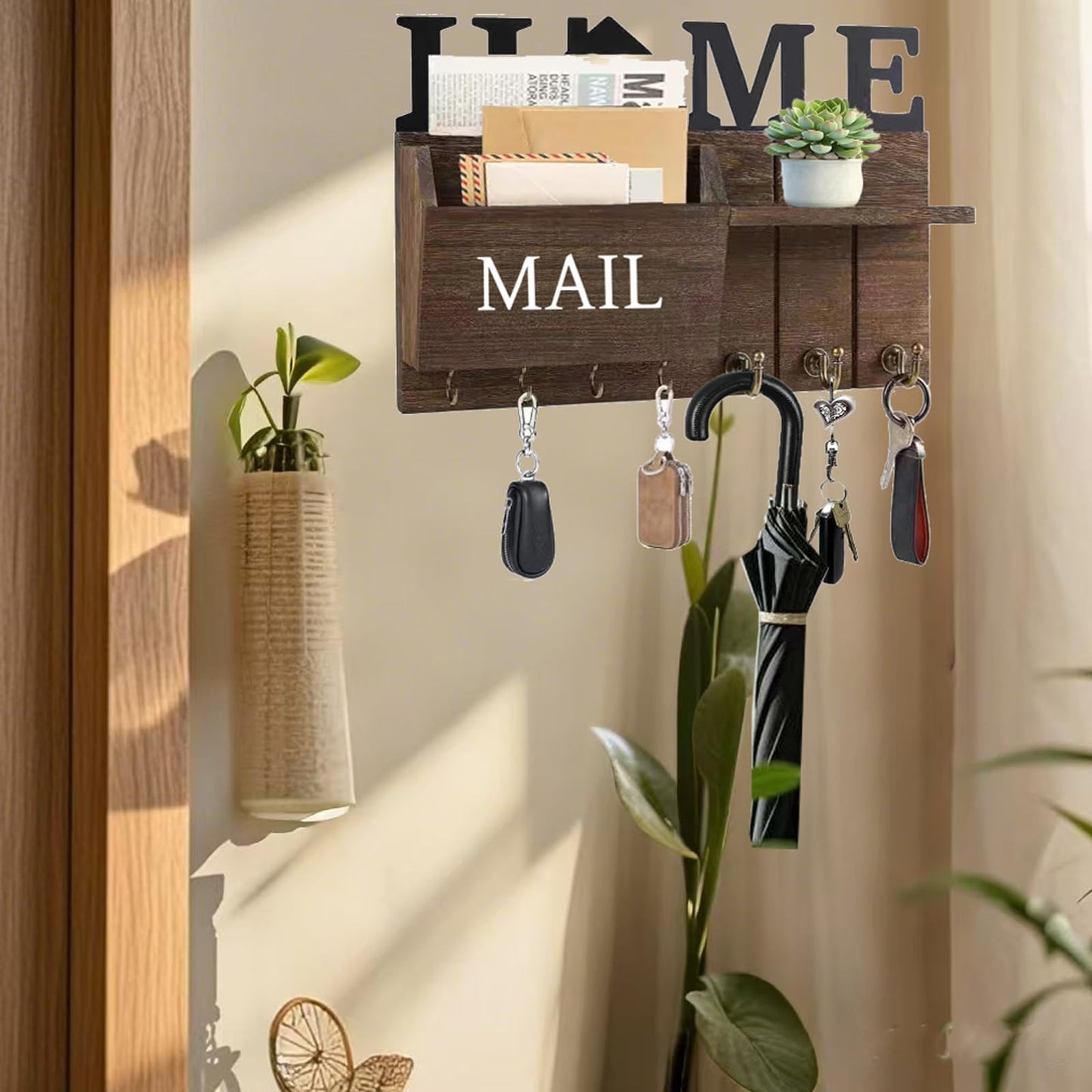 DearyHome Rustic Wall Key Holder with Shelf & Hooks - Mail Organizer for Entryway | Wooden Key Rack for Keys, Coats, Dog Leash - Brown