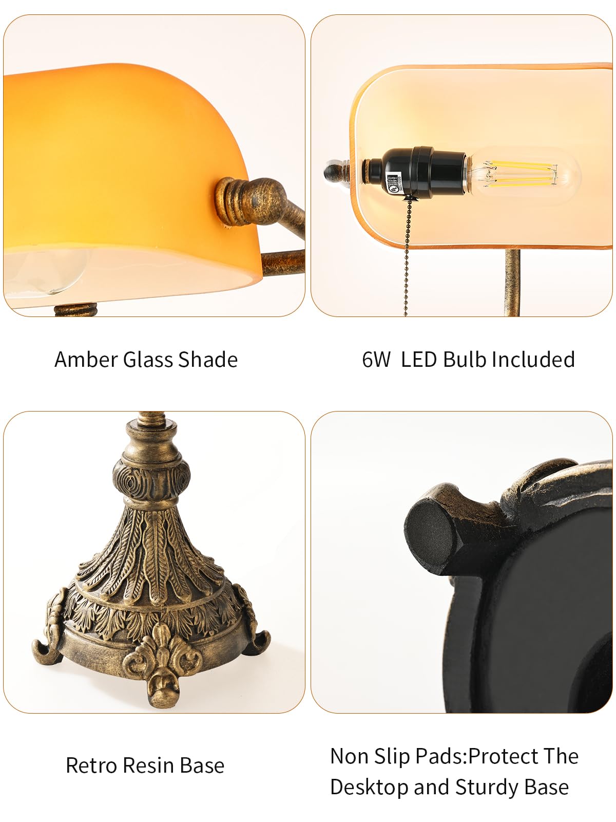 Newrays Vintage Amber Glass Bankers Desk Lamp for Home Office,Library with Pull Chain Switch Plug in Fixture, LED Bulb Included