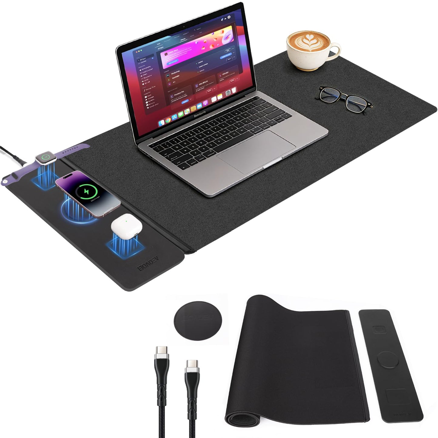 2nd Gen 25W 3-in-1 Wireless Fast Charging Mouse Pad, 35.43"×15.75" Large Waterproof Desk Mat, Magnetic Detachable Panel, Jacquard Fabric Rubber Base, for Office & Gaming
