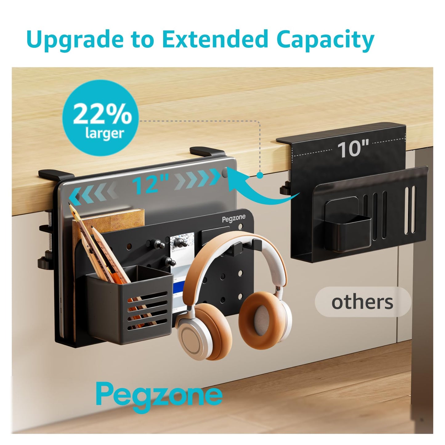 PEGZONE Desk Side Storage Organizer, No Drill Under Desk Laptop Holder, Clamp on Desks Shelf with Pegboard Accessories, Hanging Laptop Mount, Fits Flat Edge 0.4" to 2.2", Black