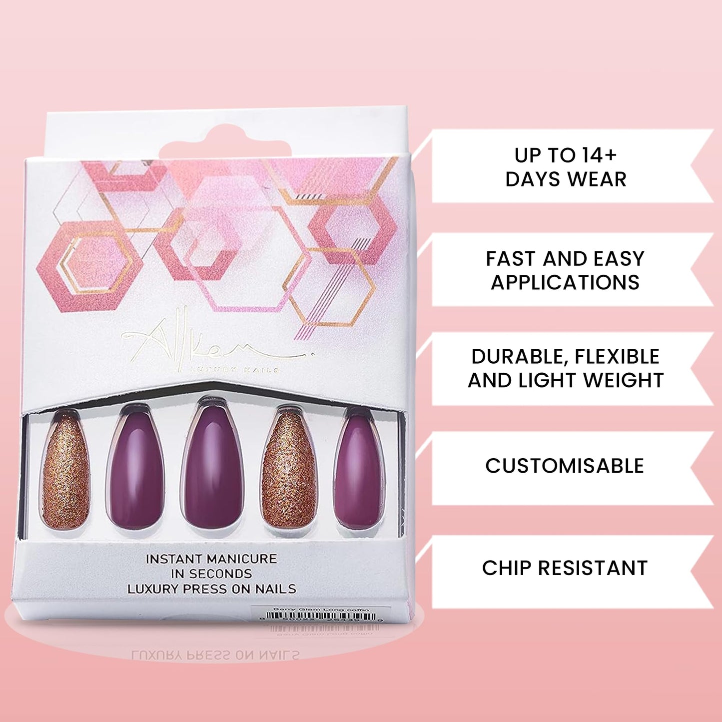Allkem Berry Glam Press on Nails | Glossy Long coffin | 10 sizes - 20 pcs Ballerina Nail kit with Glue