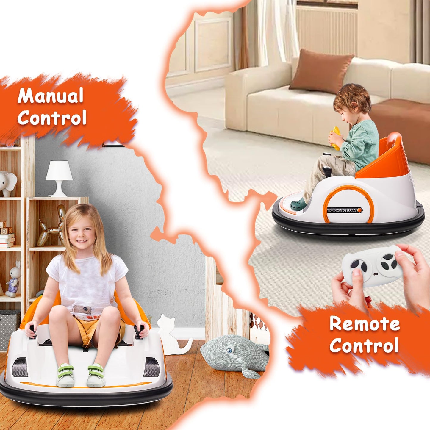 12V Kids Ride On Bumper Car Electric Vehicle for Toddlers Ride on Toy Bumping Car with Remote Control, Battery Display, 360°Spin, LED Lights, MP3, USB, Orange
