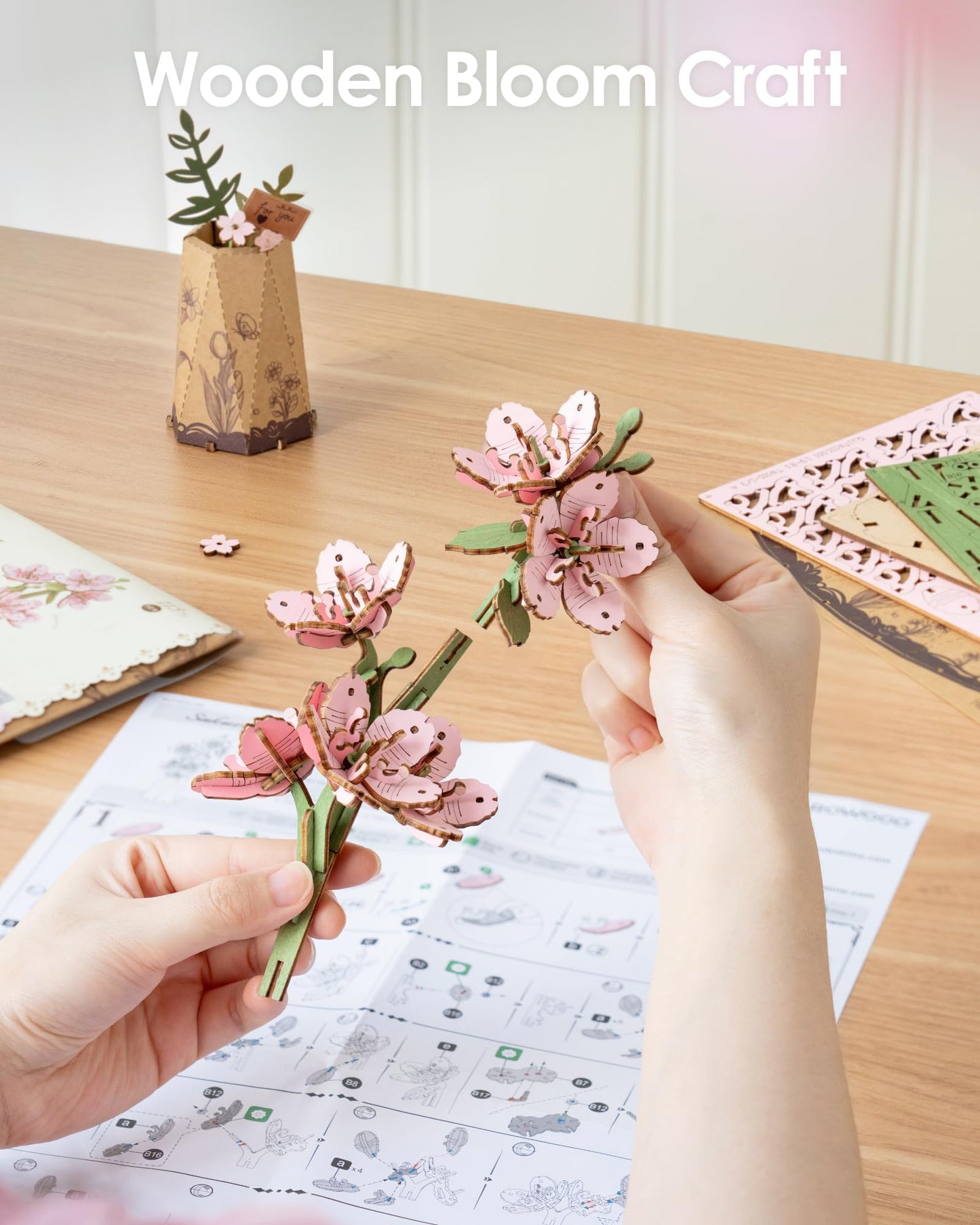ROBOTIME 3D Puzzle Sakura TW101, DIY Wooden Flower Craft, Artificial Flowers Model Kit to Assemble for Adults, Home Decoration and Valentine's Day Toy Gift Set
