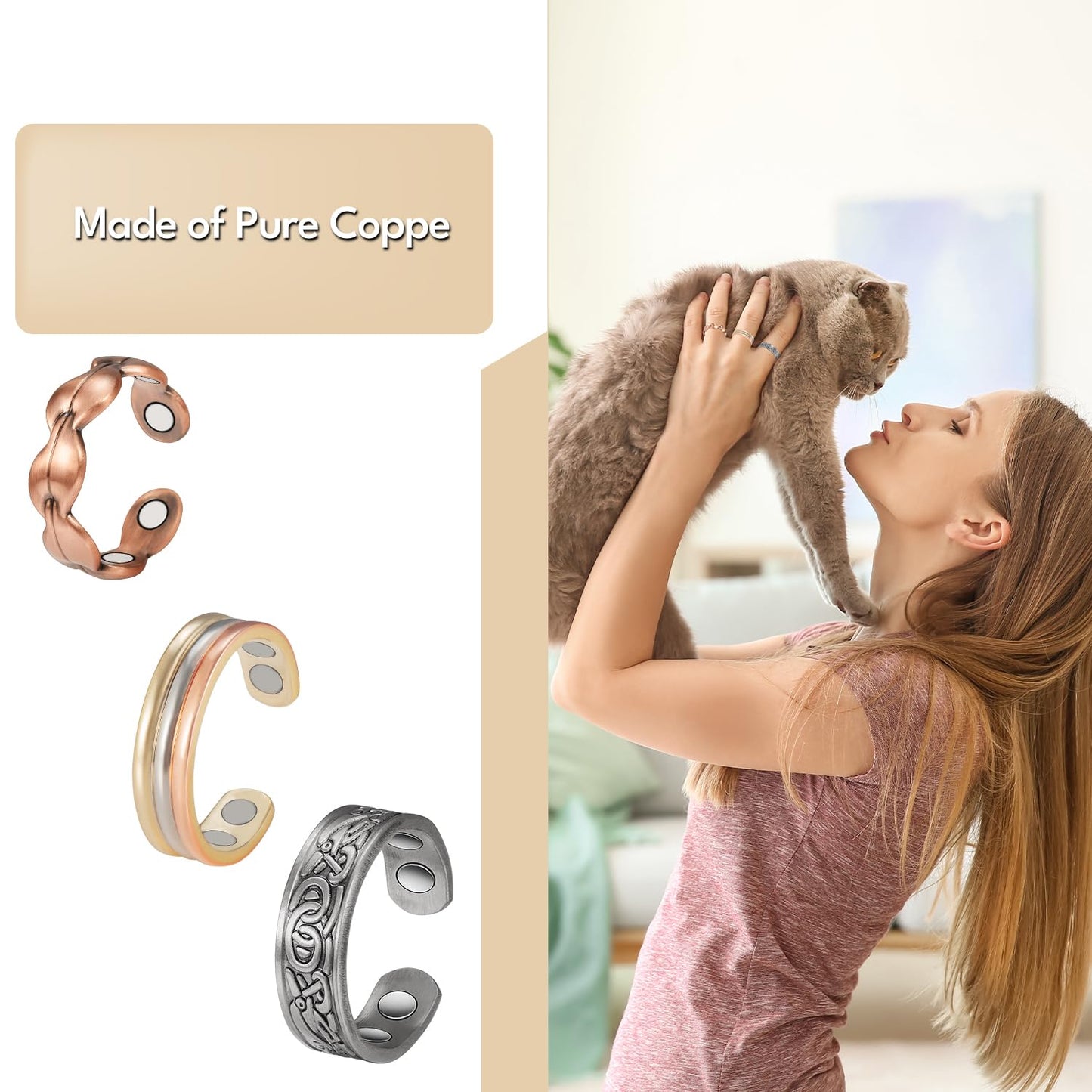 Wollet 3Pcs Copper Magnetic Ring for Women Men, 99.99% Pure Copper Rings with Magnets, Jewelry Adjustable Gift
