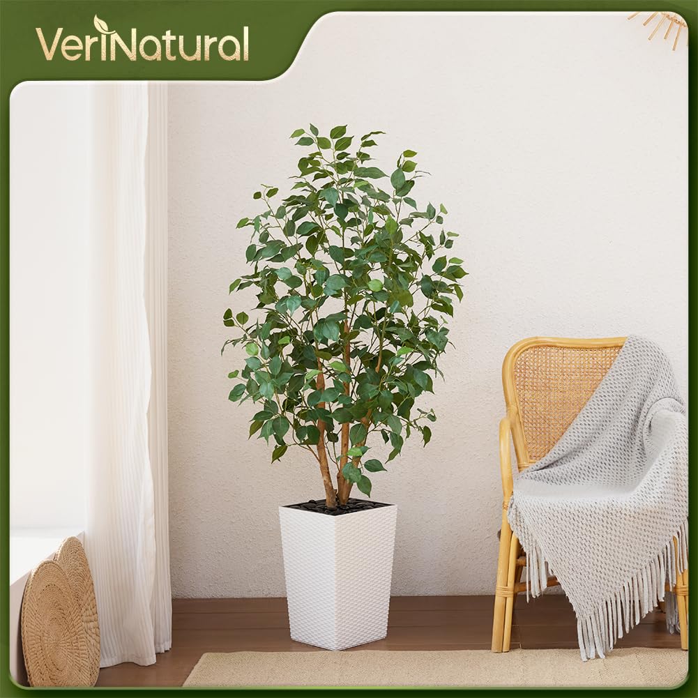 VeriNatural 5ft Artificial Ficus Tree,Tall Faux Tree with Pebbles & Planter UV Resistant Potted Fake Plant with Silk Leaves & Real Wood Trunk,Indoor Outdoor Floor Plant for Home,Living Room,VN129