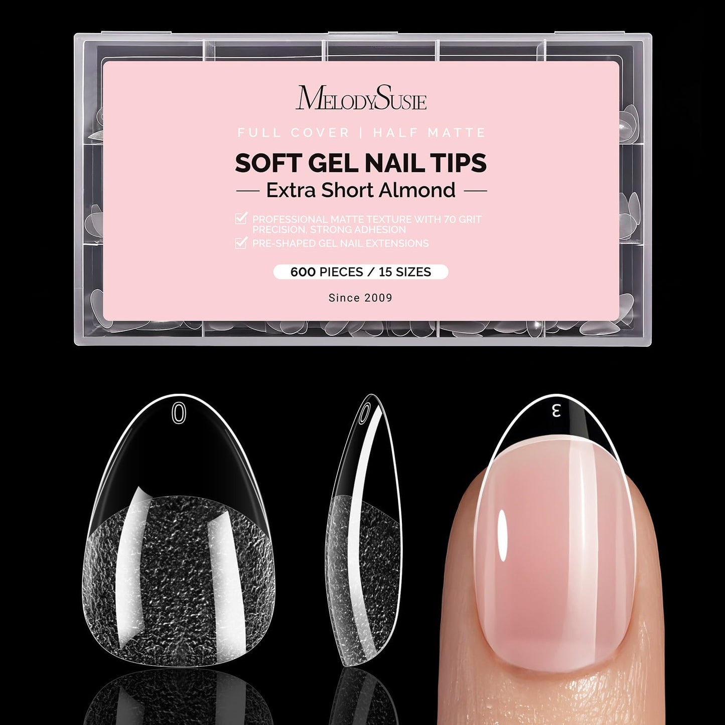 MelodySusie Extra Short Almond X Nail Tips - 600Pcs 15 Sizes Clear Acrylic, Half Matte Full Cover Press on Nails for DIY Extension & Salon Use, Pre-Shaped for Long-Lasting Manicure