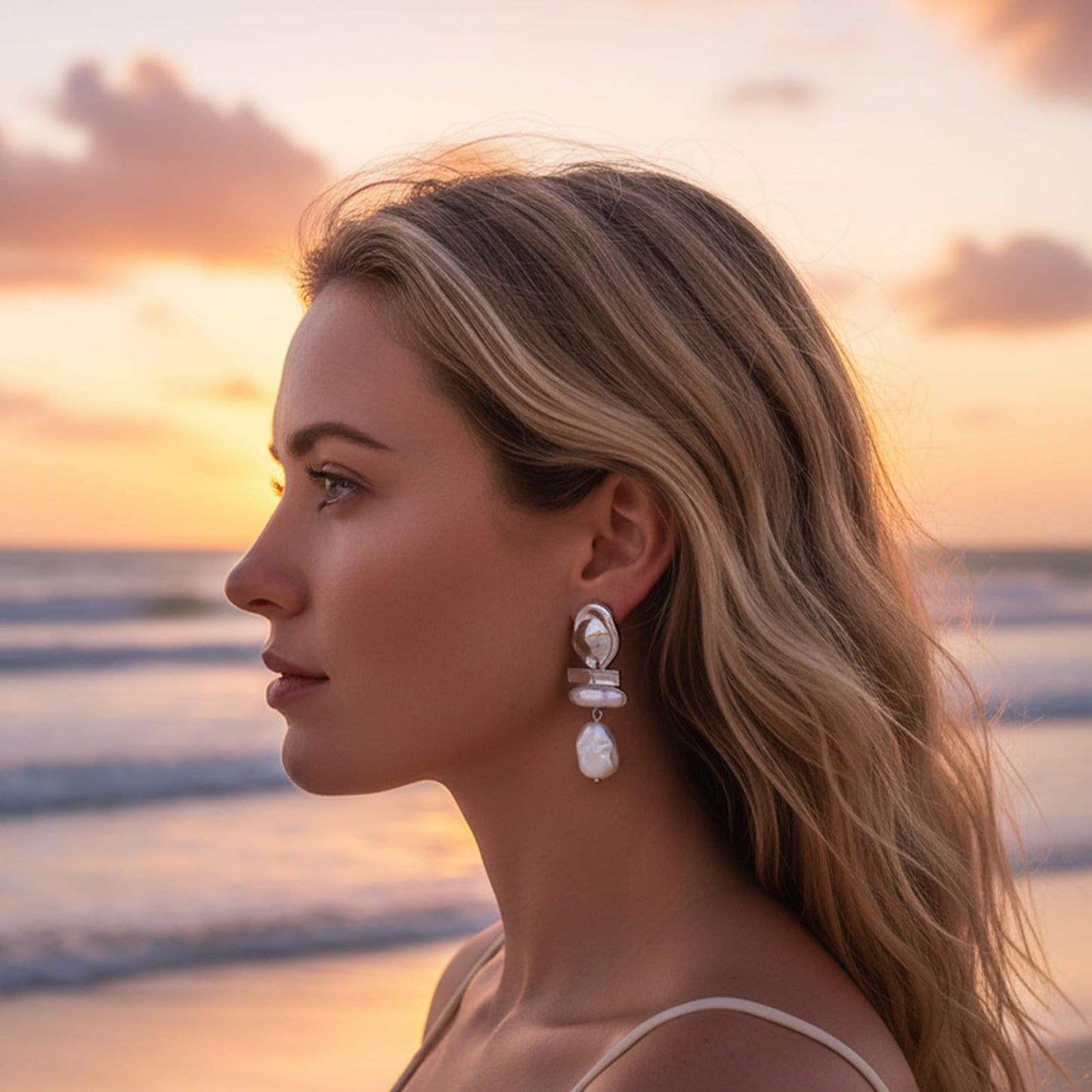 DONABUS Statement Pearl Dangle Earrings,large Pearls Vacation Earrings with Crystal,Party Jewelry Gift for Women (Silver tone)