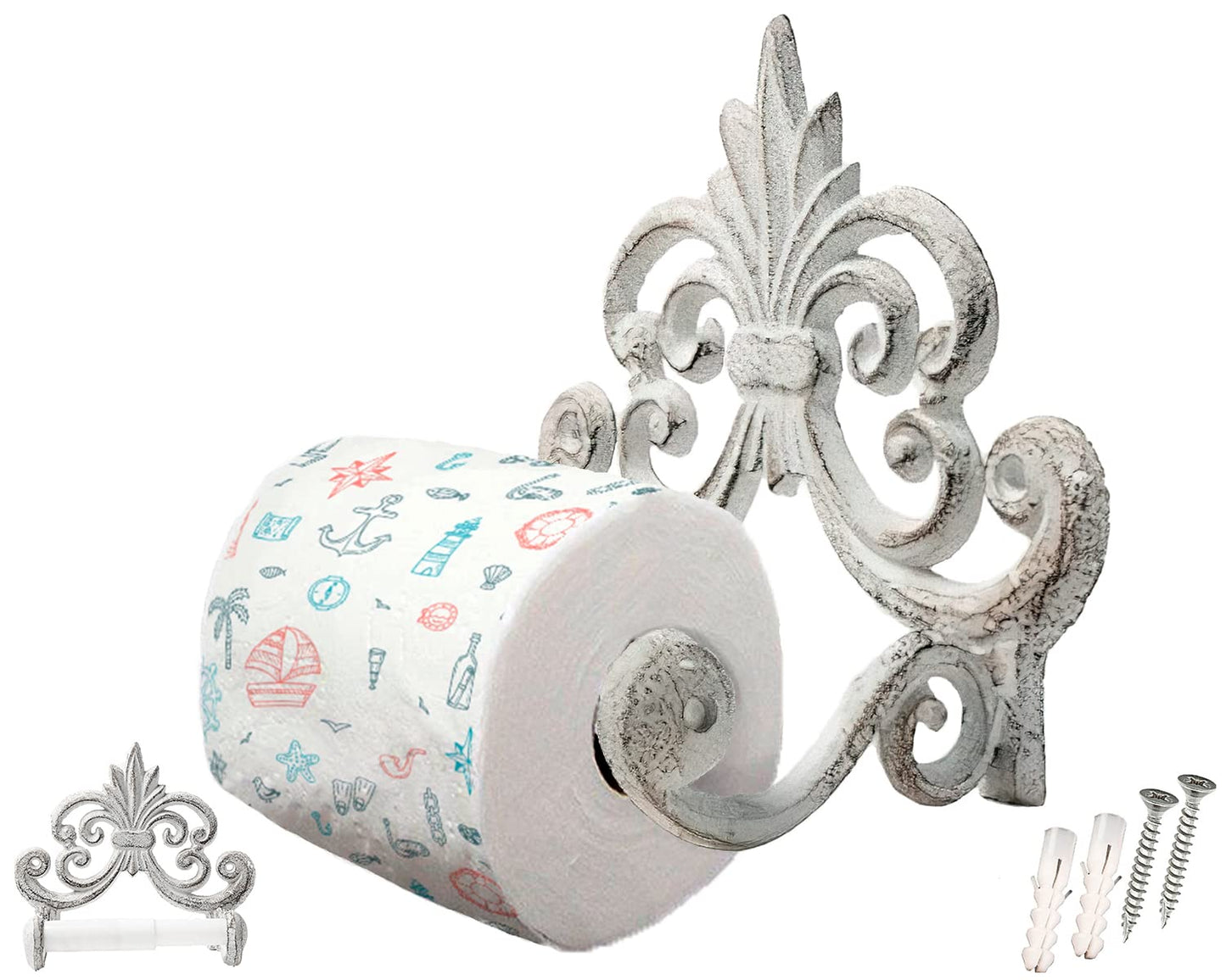 Comfify Fleur De Lis Cast Iron Toilet Paper Holder – Wall Mounted Tissue Dispenser – European Vintage Design – 7.28" x 6.29" x 3.74" – Includes Screws and Anchors – Antique White