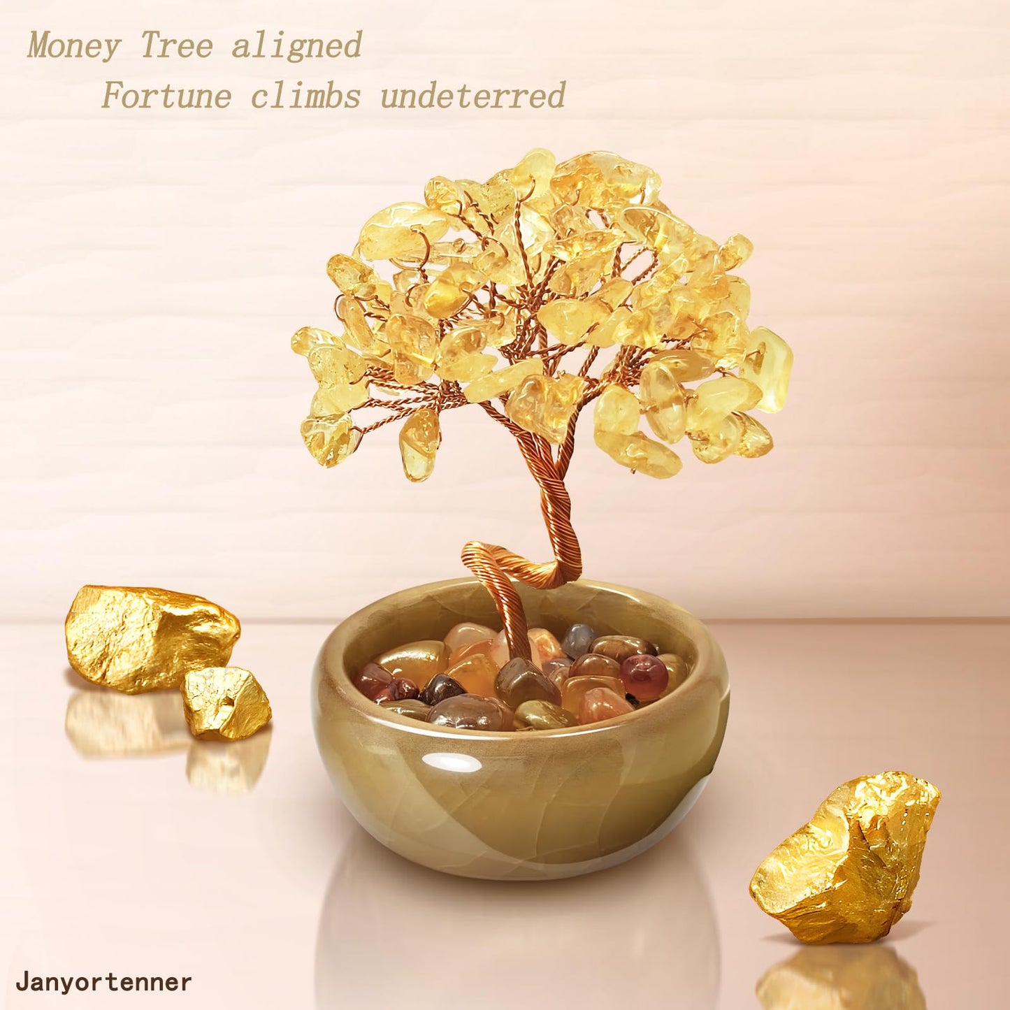 Janyortrenner Mini Citrine Crystal Money Tree,Wealth Home Office Desk Decor,Handmade Copper Wire in Crackle Ceramic Base,Feng Shui Office Gift