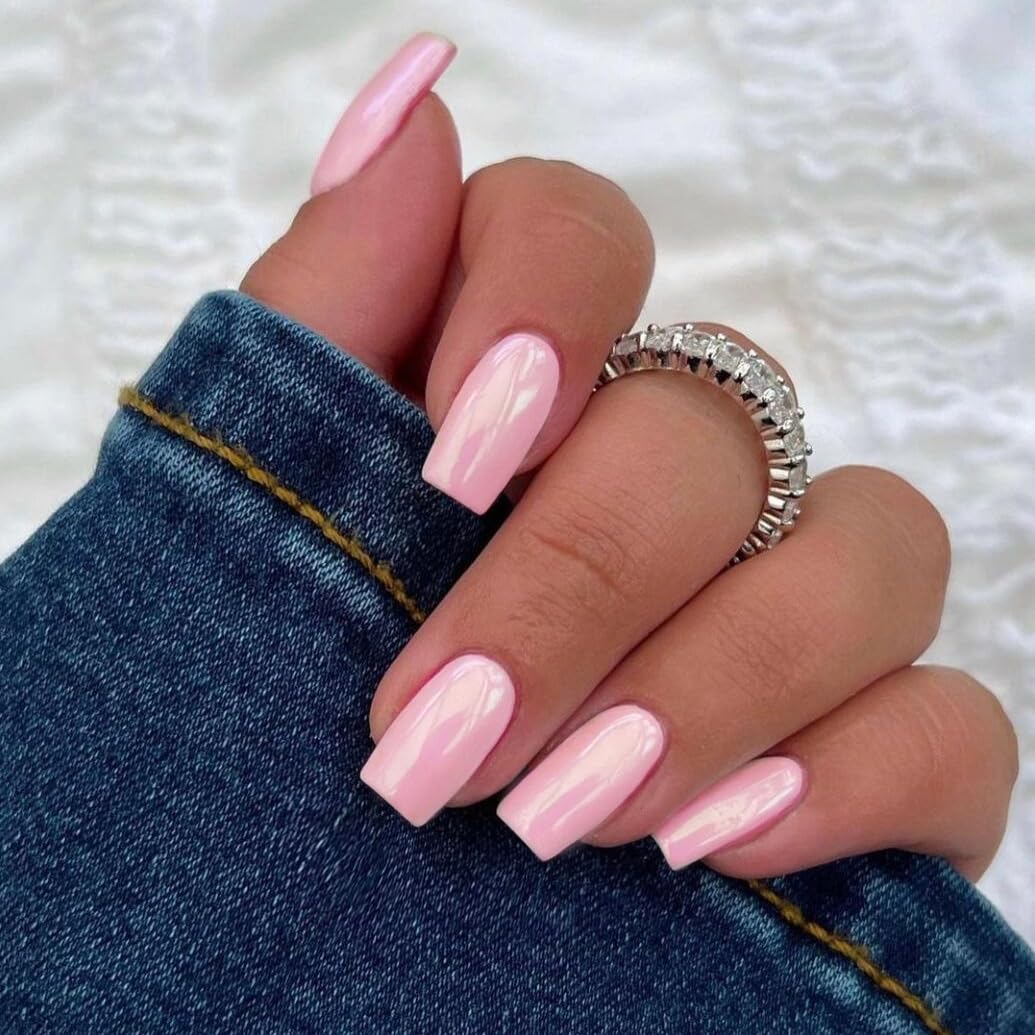 Rose Pink Chrome Square Press on Nails Medium,KQueenest Glitter Mirror Plating False Acrylic Nails Press Ons,Natural Fit Glue on Nails Short Coffin,Light Stick on Nails for Women in 24 PCS