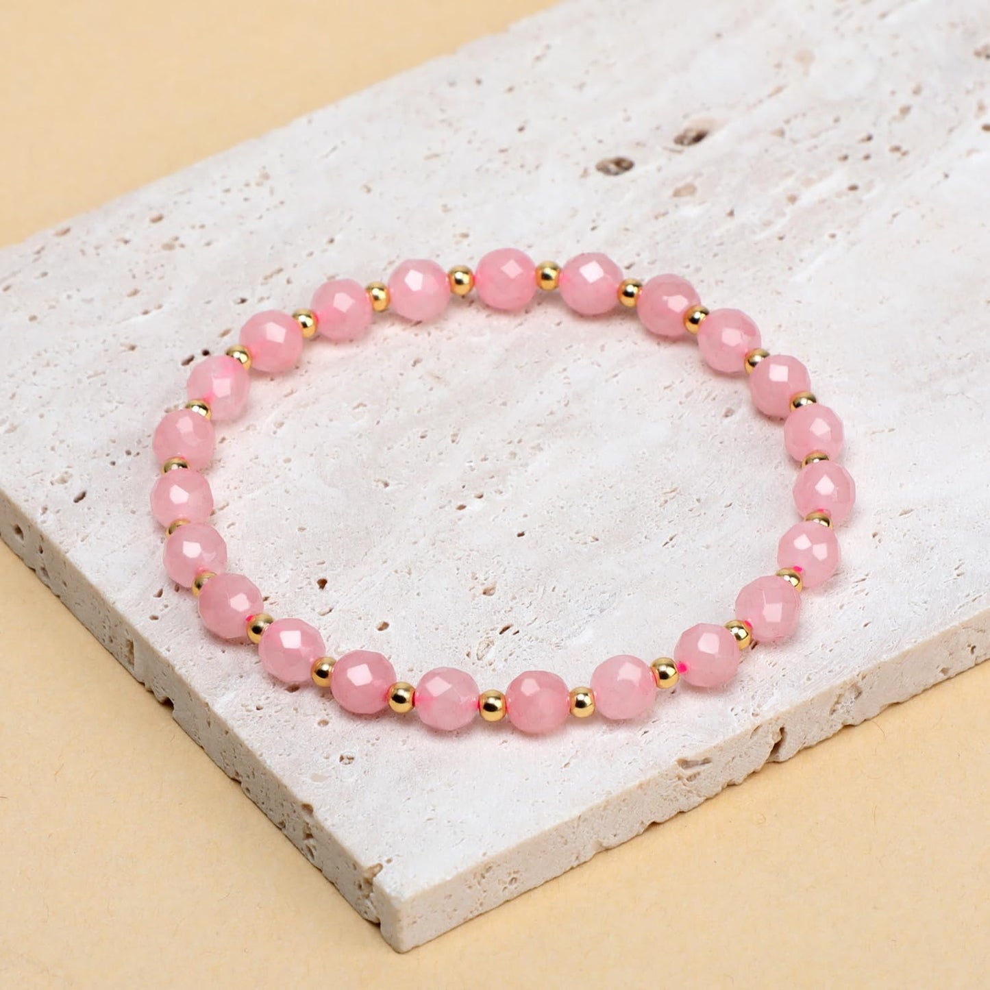QOGIR Rose Quartz - Love Connection - 14K Gold Plated Beads Natural Gemstone Stretch Elastic Dainty Healing Beaded Bracelets Gifts 6mm