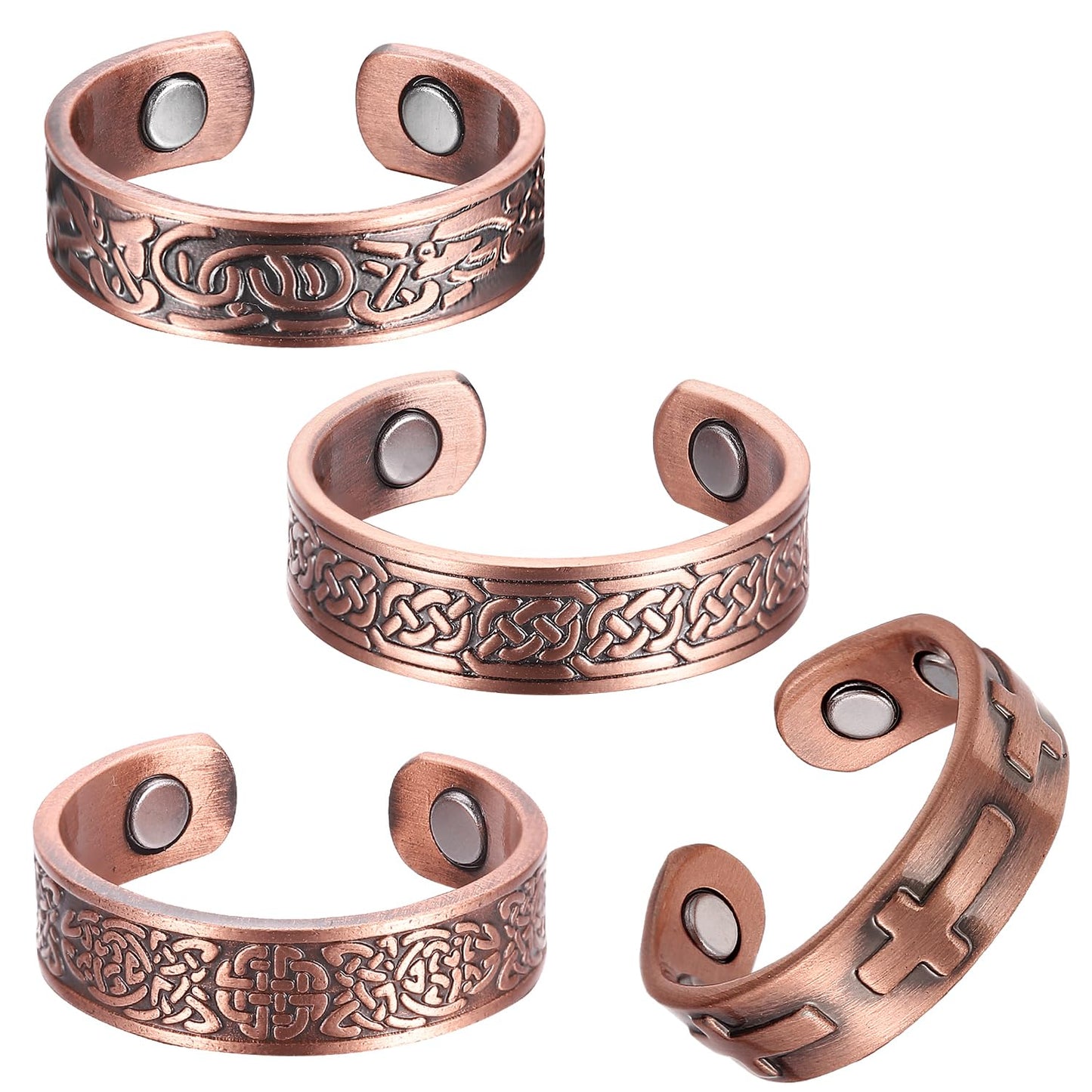 Fashtour 4 Copper Rings for Men, 99.9% Pure Copper Magnetic Rings, Vintage & Cross Pattern Adjustable Cuff Ring