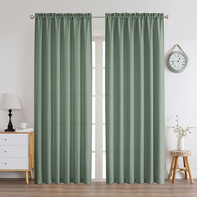 Chyhomenyc Sage Green Curtains 90 Inch Length 2 Panels Set, Faux Linen Textured Semi Light Filtering Soft Airy Farmhouse Window Curtain Drapes for Living Room Bedroom, 50Wx90L