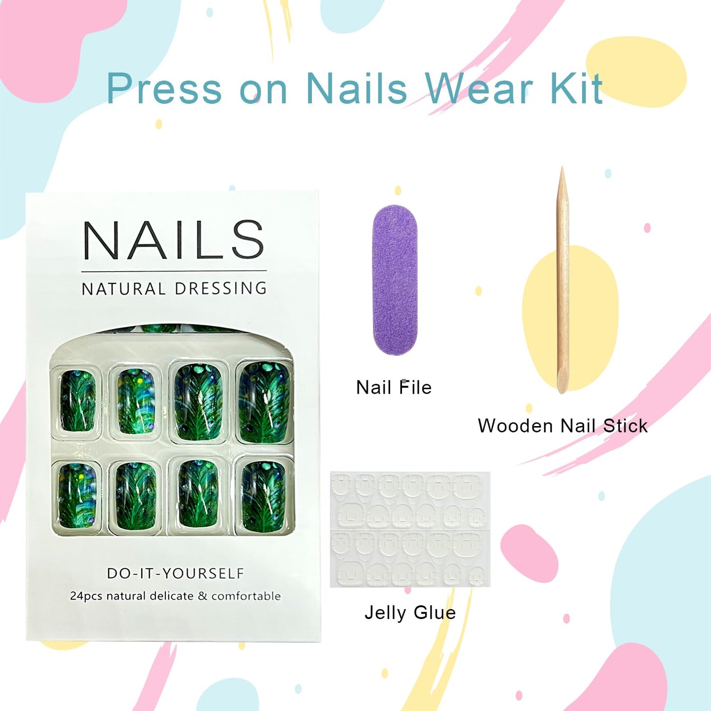 Green Press on Nails Medium Square Fake Nails Feathers False Nail Glossy Full Cover Acrylic Peacock Feather Stick on Nail for Women 24Pcs