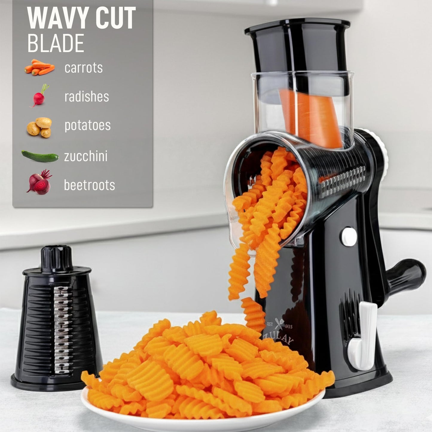 Zulay Kitchen Rotary Cheese Grater 5 Blade Cheese Shredder - Manual Hand Crank Cheese Grater With Reinforced Suction & 5 Interchangeable Drums - Easy to Use, Vegetable Chopper Round Mandoline Slicer
