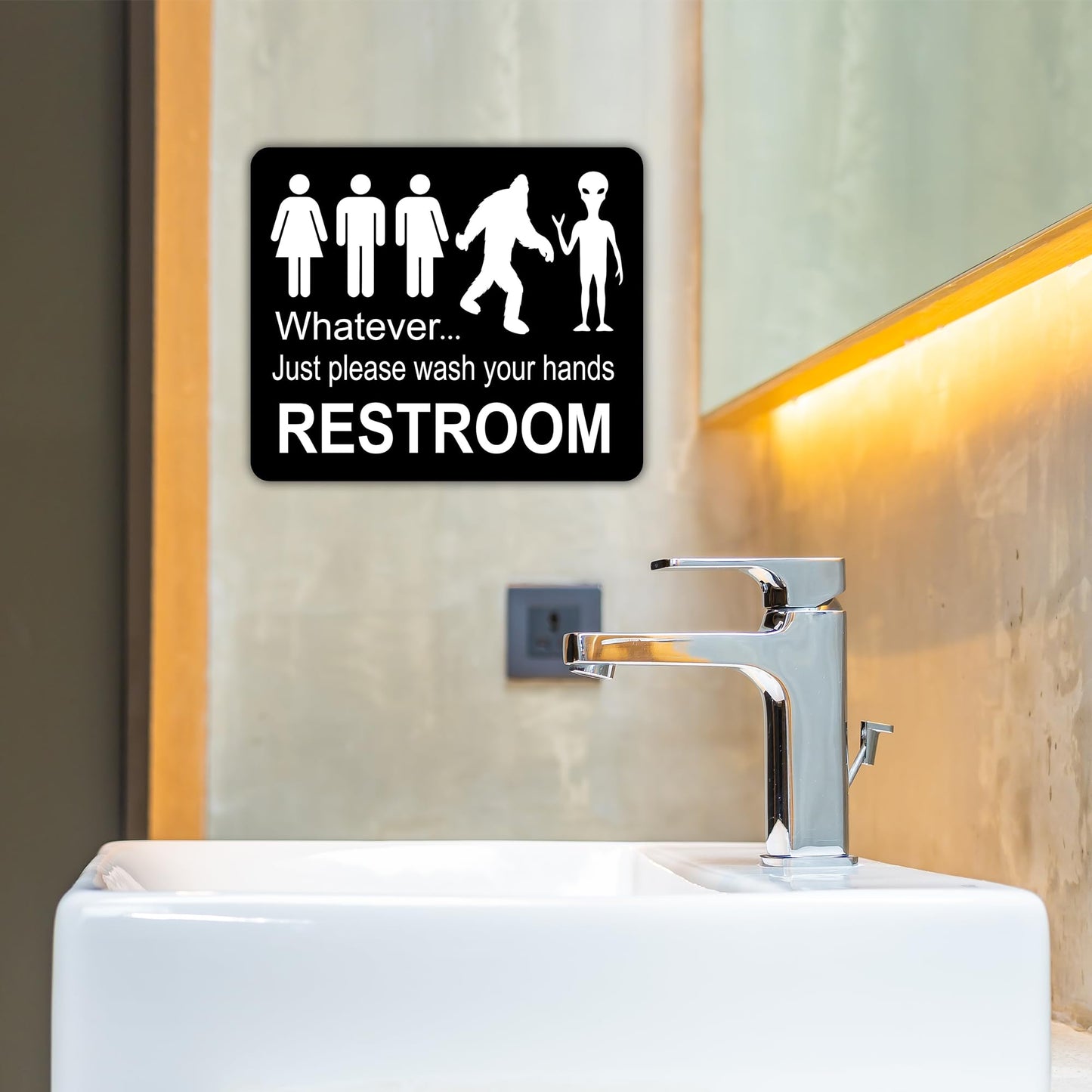 Just Please Wash Your Hands Bathroom Sign | Bigfoot Alien Funny Signs - Inclusive Decor - Door & Wall Restroom Signs - 8.5"x10"