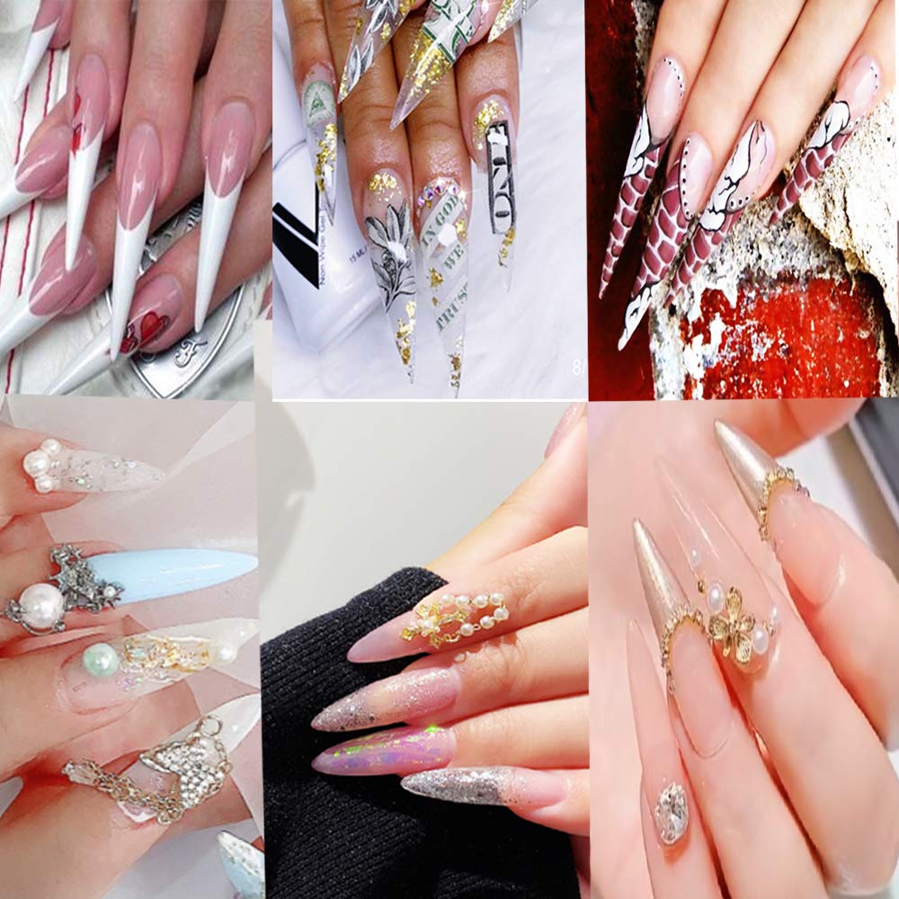 600pcs Stiletto Nail Tips Long Shape Clear Half Cover False Nail Art Tips ，DIY Nail Salon Art 10 Size with Bag