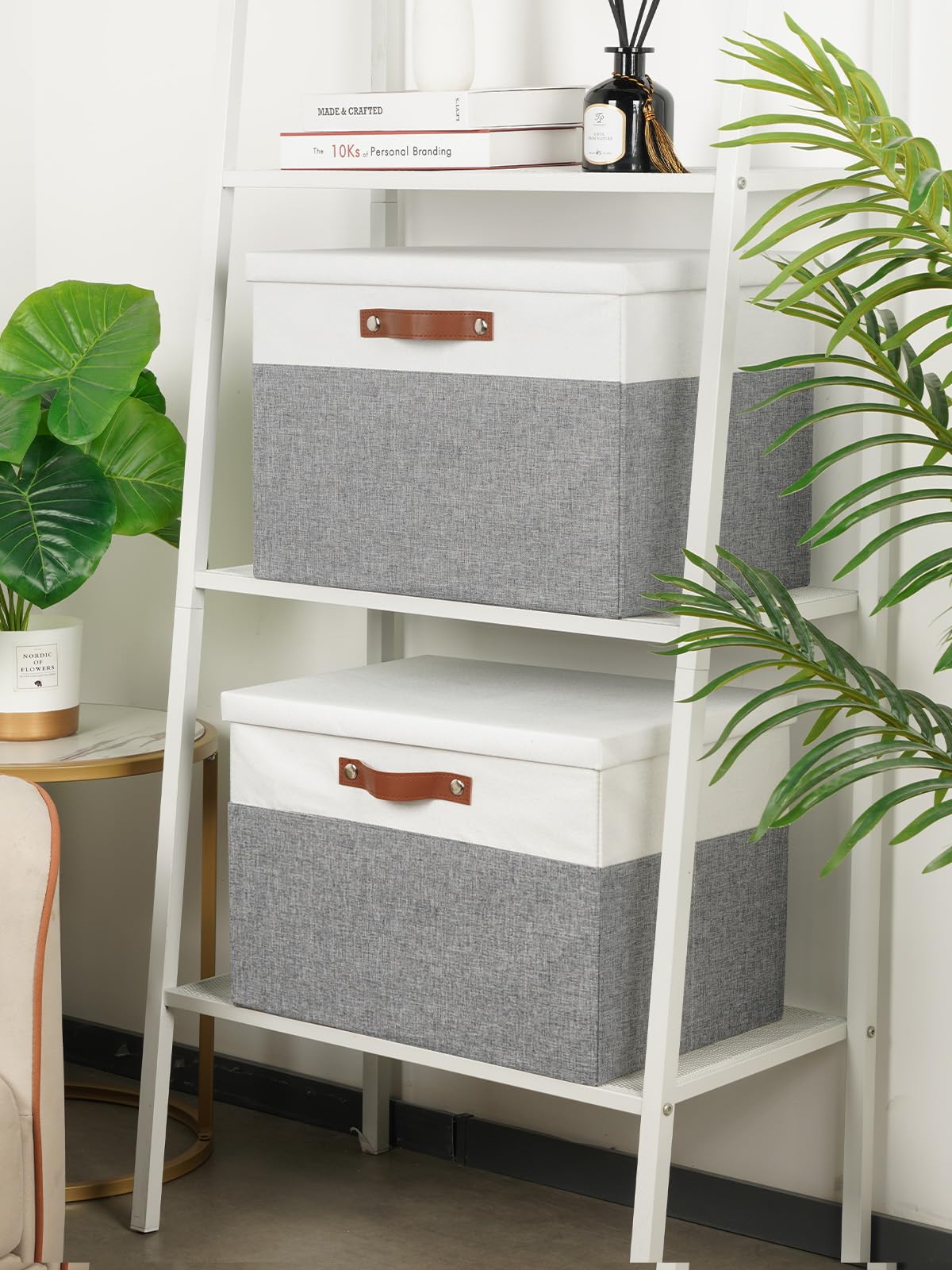 DULLEMELO Fabric Storage Bins with Lid, Set of 2 Large Decorative Storage Boxes for Shelves with Leather Handles, Foldable Storage Baskets for Closet (White&Grey, 17" L x 12" W x 12" H)