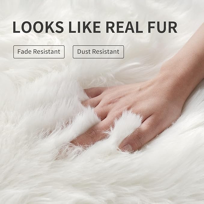 Faux Fur Rug for Bedroom, Fluffy Runner Rugs Soft Sheepskin Rug Sofa Couch Seat Cushion, 2x6ft White Plush Area Rug Shag Rugs Floor Carpets for Nursery Bedside, Cute Shaggy Fuzzy Home Decor