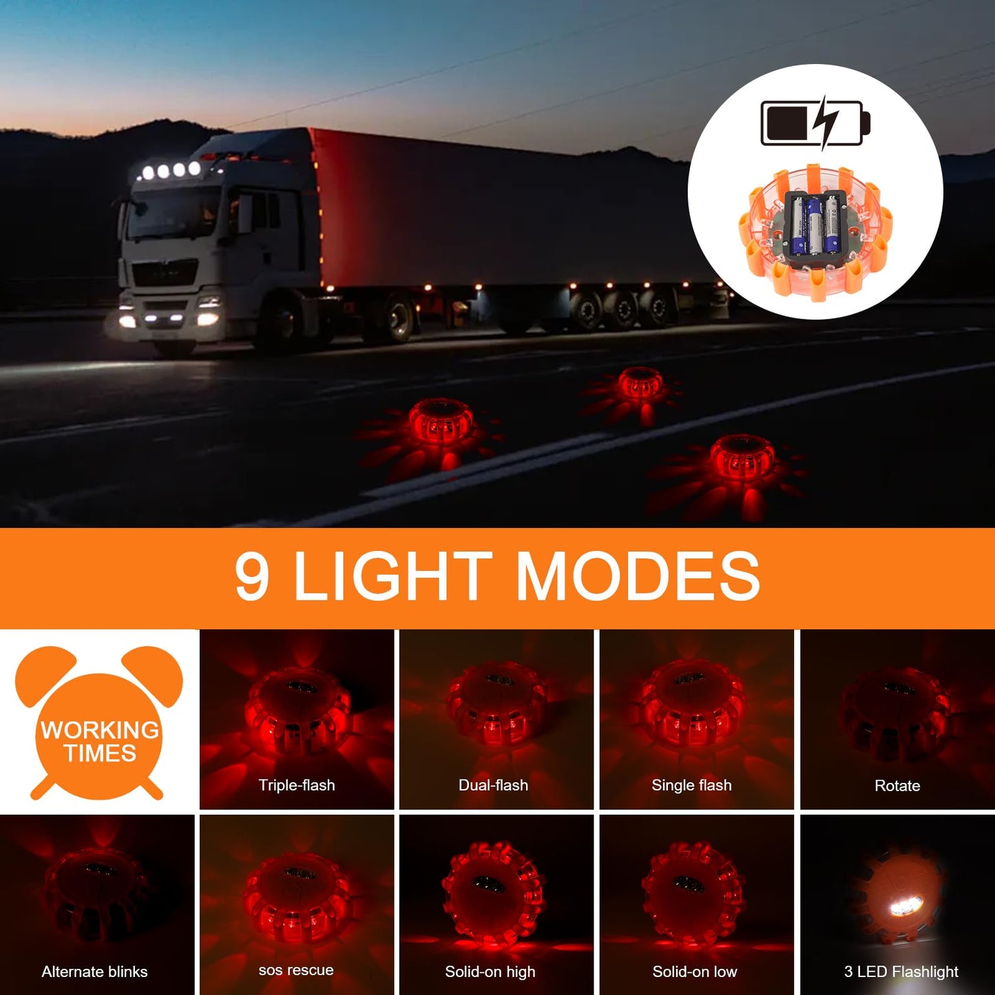 Yinaolan 3 Pack LED Road Flares Emergency Kit, Battery Powered Strobe Warning Lights with Strong Magnetic Base & Hook for Car, Truck, Vehicle Roadside Safety, 9 Flashing Modes (Batteries Not Included)