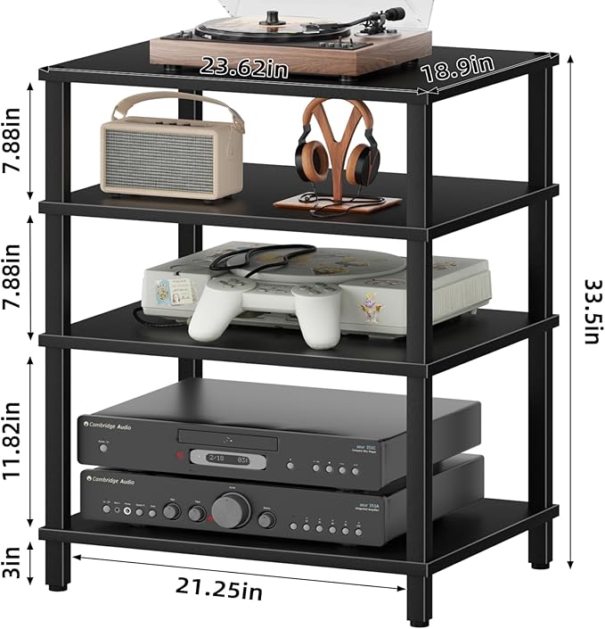4-Tier AV Media Player Stand, Black Stereo Cabinet, Modern Stereo Cabinet, Wooden TV Stand,Game Console Shelf, Multifunctional Entertainment Center, Suitable for Home, Conference Room, Game Studio
