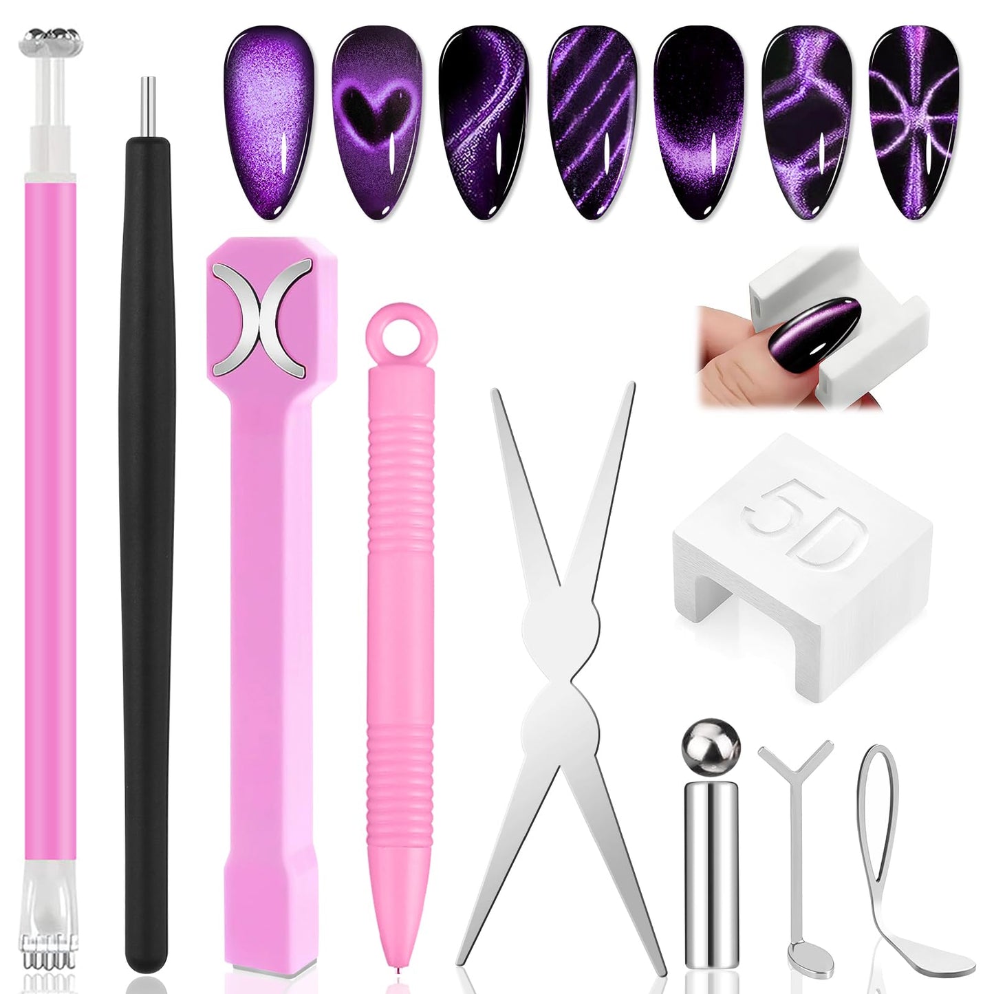 EBANKU Cateye Magnet Set for Nails, 5D Automatic U-Shaped Nail Art Magnet Tool with Ball Magnet, 3 IN 1 Magnets Pen Heart French Flower Black Hole Multi Effect Nail Art Designs Home DIY Salon Use