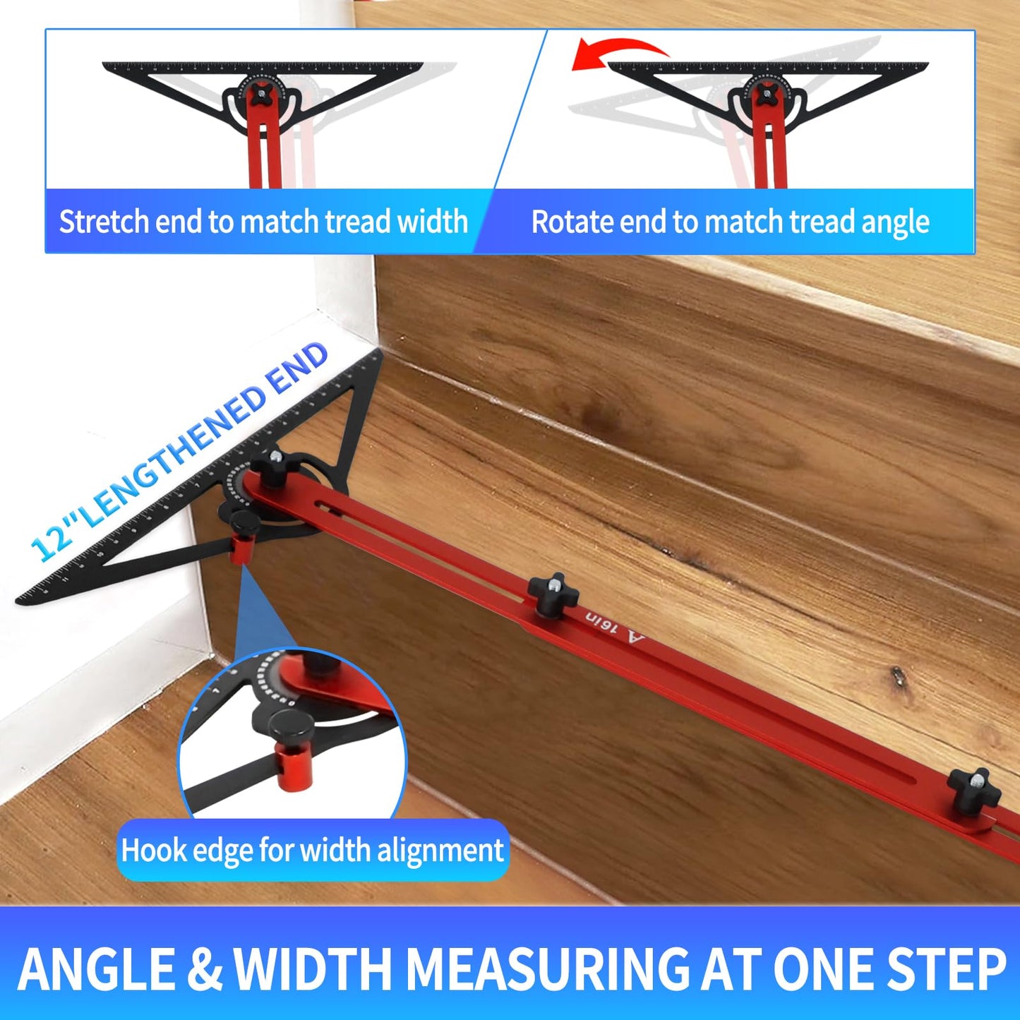 WolfPawn Stair Tread Template Tool,8-72 Inches Aluminum Alloy Stair Measuring Tool,Adjustable Length Stair Tread Tool for Measuring & Scribe,Compatible with Most Layout Projects for Home Wood Working