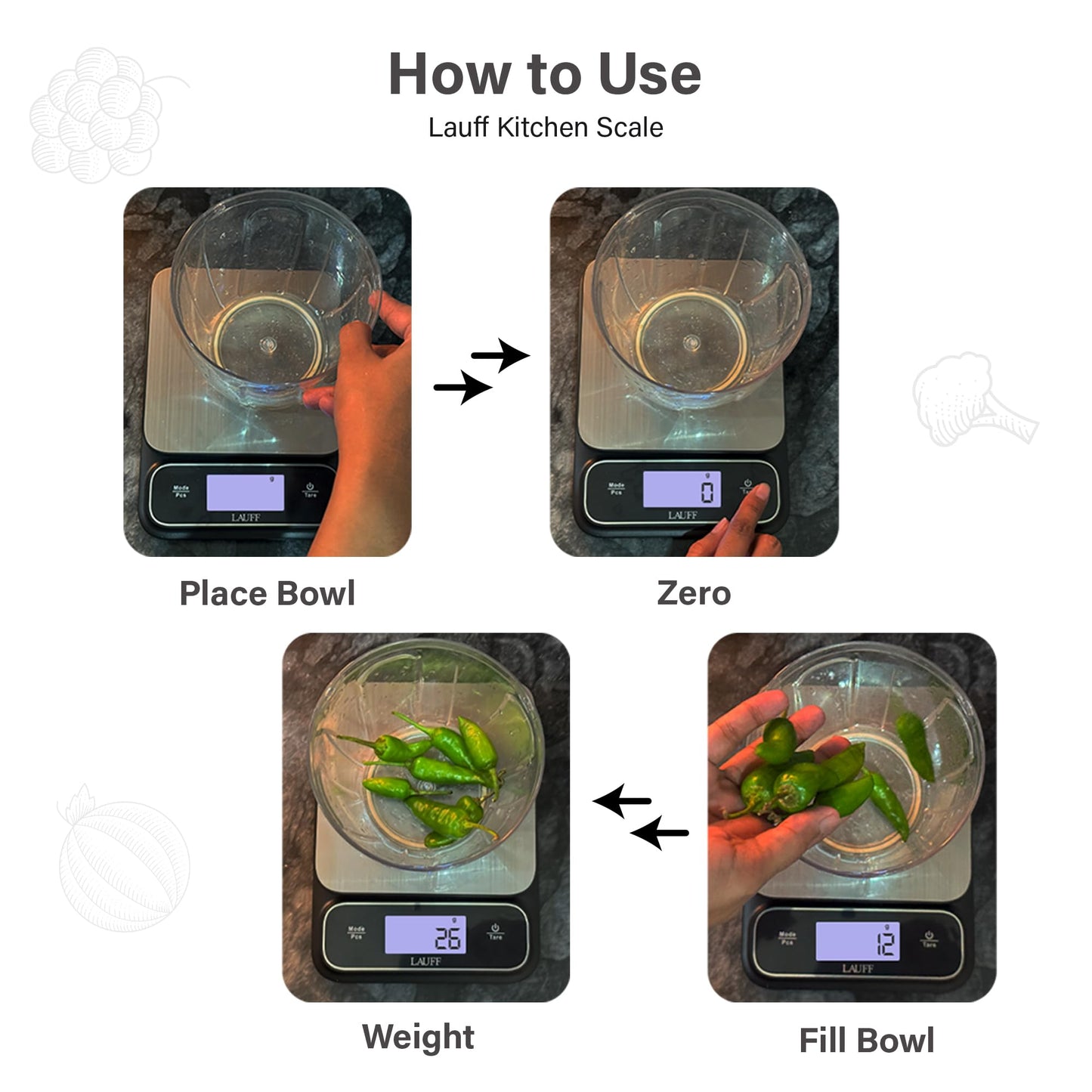 Lauff Digital Food Scale, Weighs Scale, Kitchen Scales, Food Scales messaures in Grams and Ounces with 0.01oz/1g Precise, Waterproof Kitchen Scale for Baking & Meal Prep with LCD Display (1g/10kg)