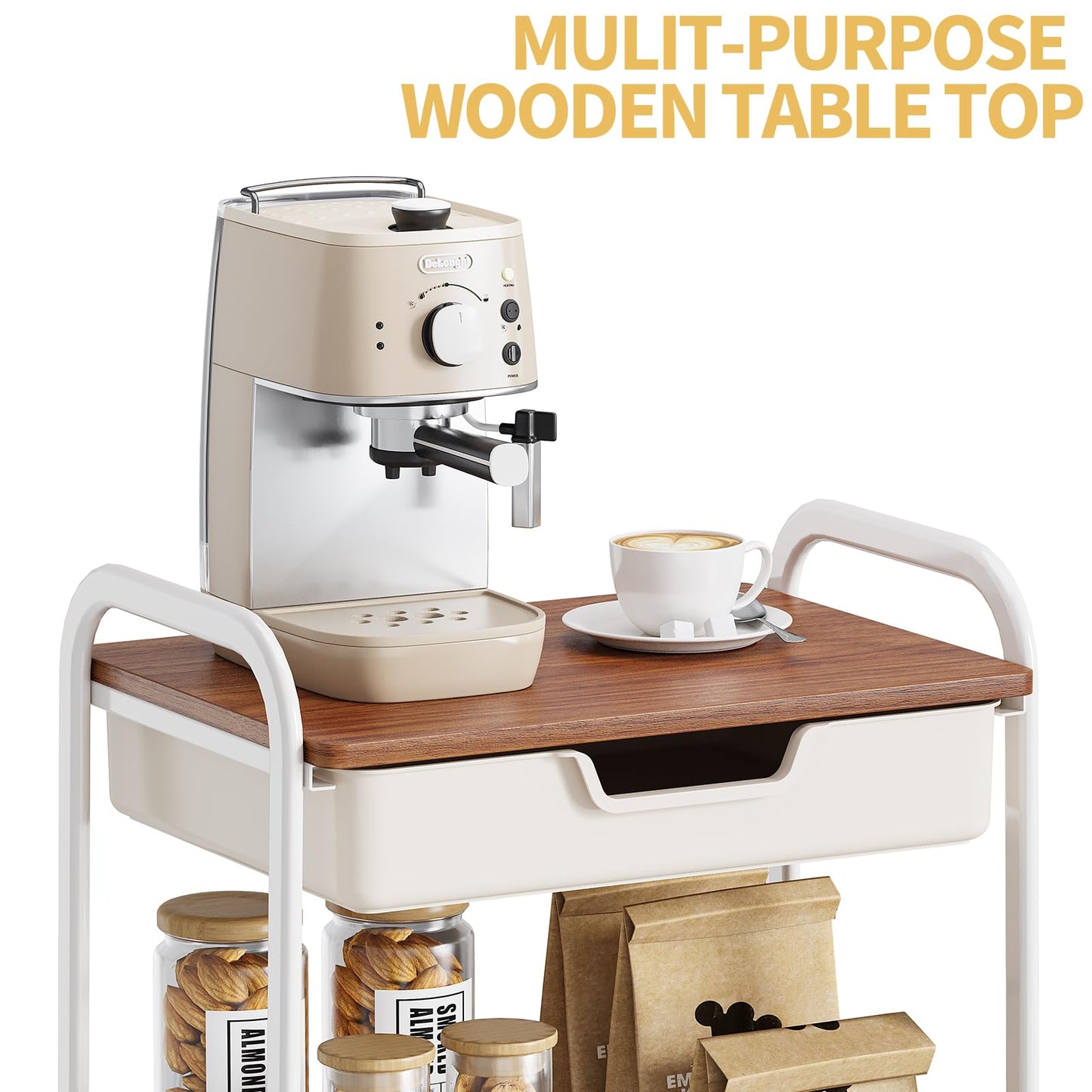 TOOLF 3 Tier Metal Utility Rolling Cart - White Storage Cart with Drawer and Wooden Table Top, Trolley Kitchen Organizer Rolling Desk with Locking Wheels for Office, Classroom, Home, Bedroom