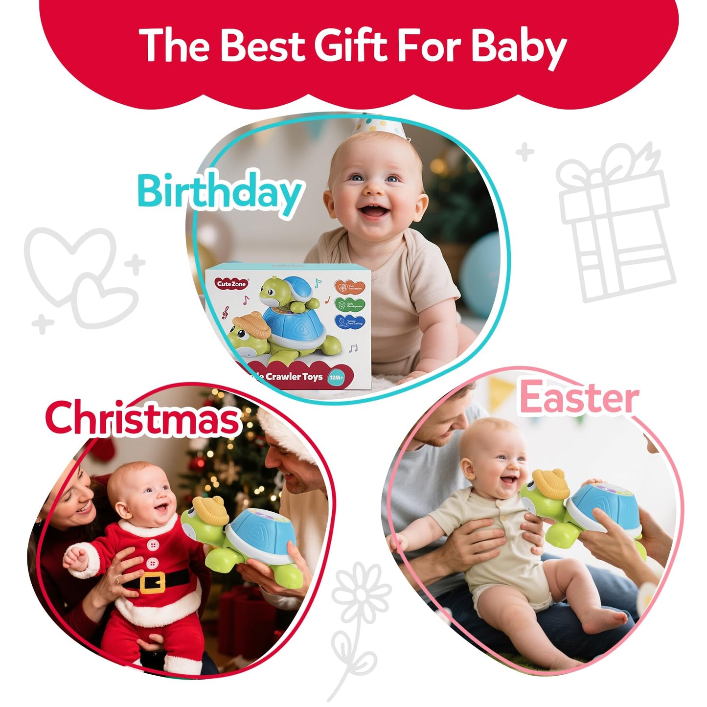 CuteZone Baby Toys 6-12 Months - Turtle Crawling & Musical Tummy Time Toy Set with Light & Sound, Moving Baby Activity for Crawling and Tummy Time, Interactive Gift for Babies
