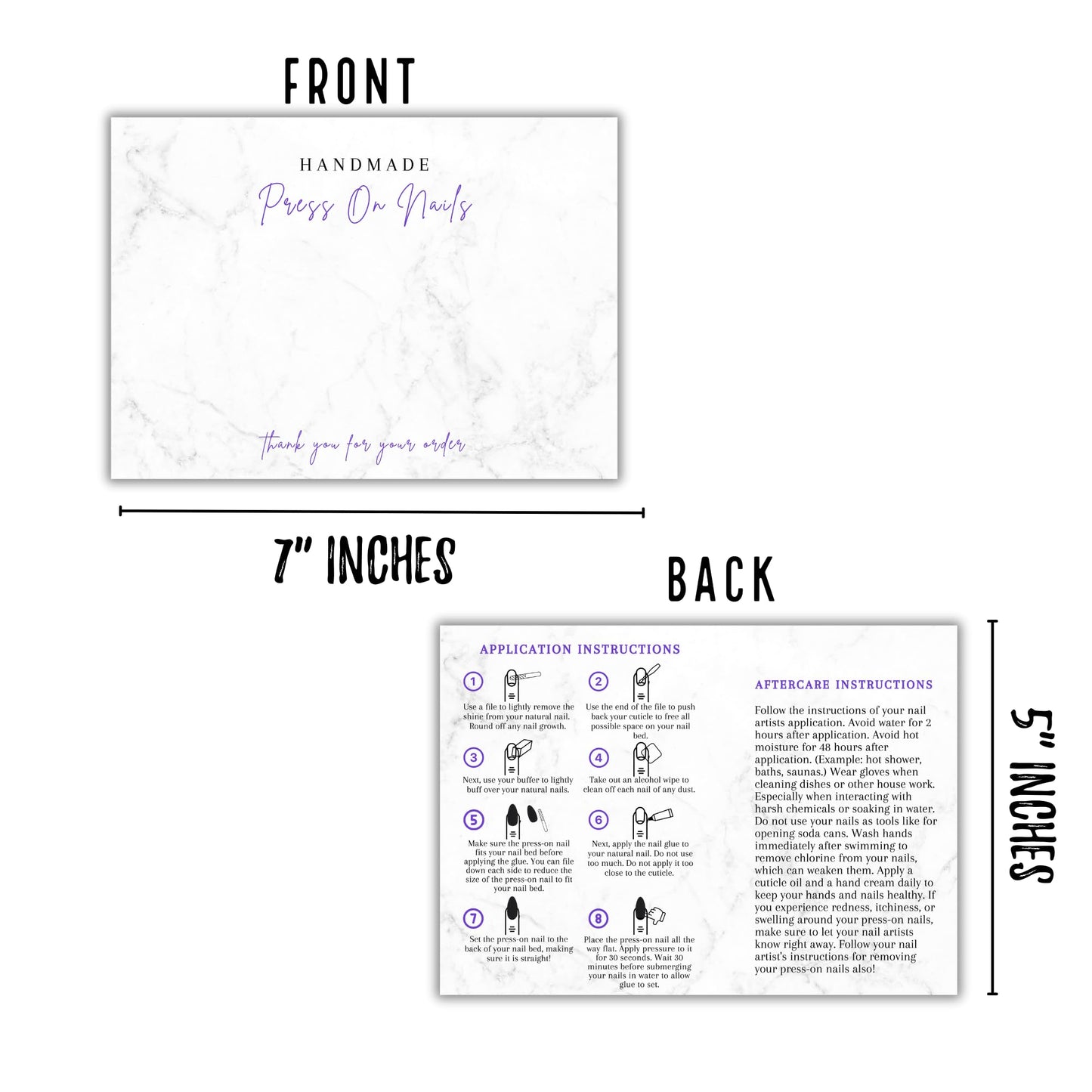Handmade Acrylic Press On Nails Display Card | 5x7” 30 pk | w/Application Aftercare Instructions Inserts Marble for Packaging in Your 6 * 9 Holographic Bags Use With Double Sided Tape