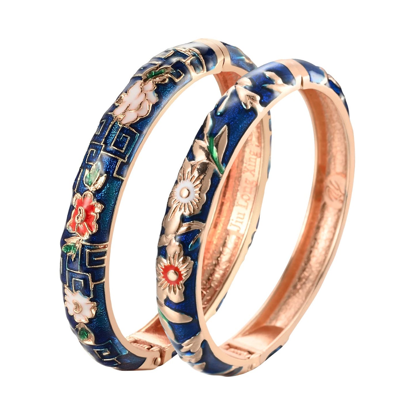UJOY Cloisonne Bracelet Hinge Indian Cuff Bangle Enameled Jewelry Flower Bracelets for Women Gift Box 55A103-55A114 Navy Blue