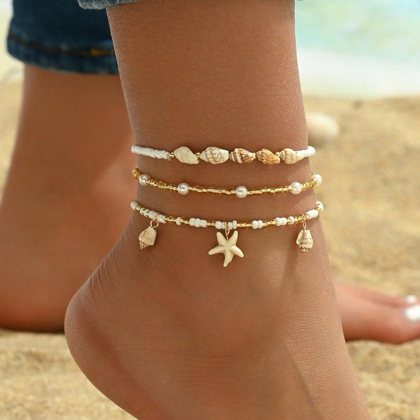 Qceasiy Shell Ankle Bracelet Set for Women, Boho Bead Adjustable Anklet, Hawaiian Beach Seashell Pearl Heart Starfish Conch Foot Jewelry Gifts (Conch Starfish 3Pcs)