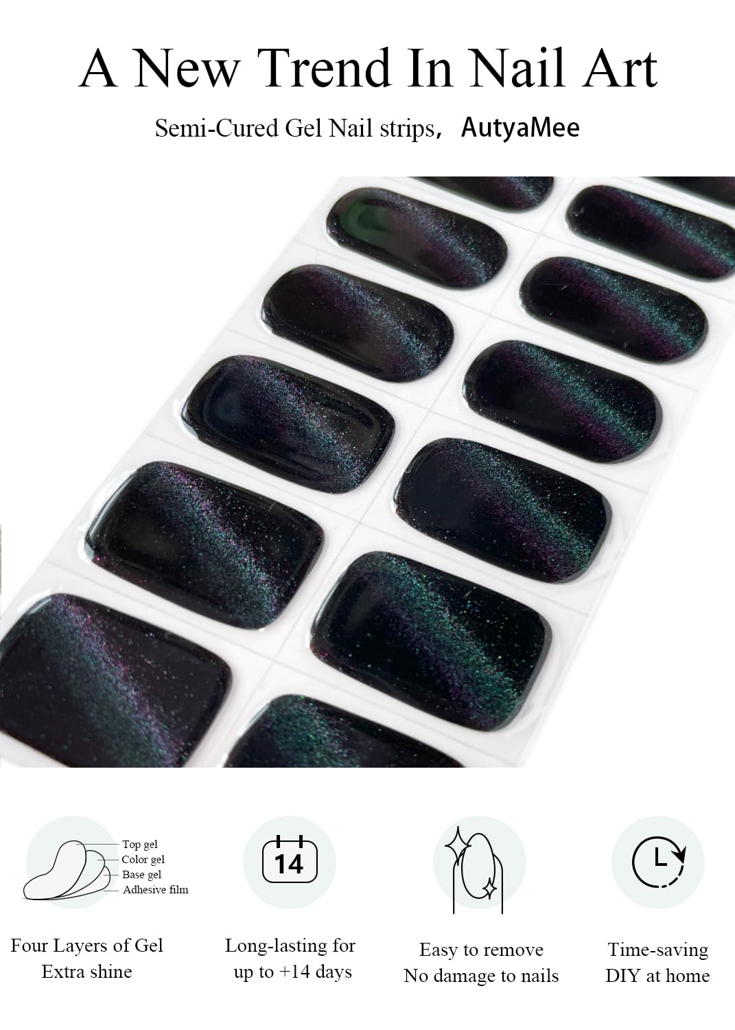 AutyaMee Semi Cured Gel Nail Strips (Black Green Cat Eye), 20 Pcs Gel Nail Wraps, Stickers, UV Light Required, Salon Quality, Long Lasting
