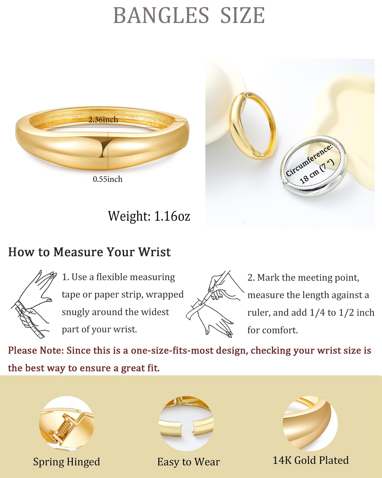 AYWFCBF Bangles Bracelet Stack | 14K Gold Plated 2-Pack Trendy Hinged Cuff Open Wide Chunky Bangles | Arm Cuff Jewelry for Women