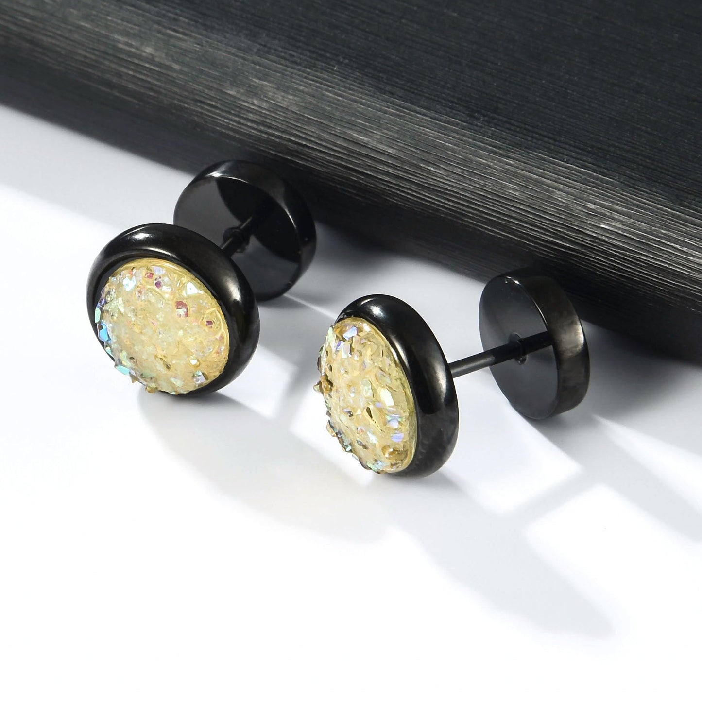 VOLUKA Crystal Stone Stud Earrings Flat Back Non-Nickel Titanium Stainless Steel Hypoallergenic Cartilage Earrings Stud for Sensitive Ears Women Men(Yellow-black)