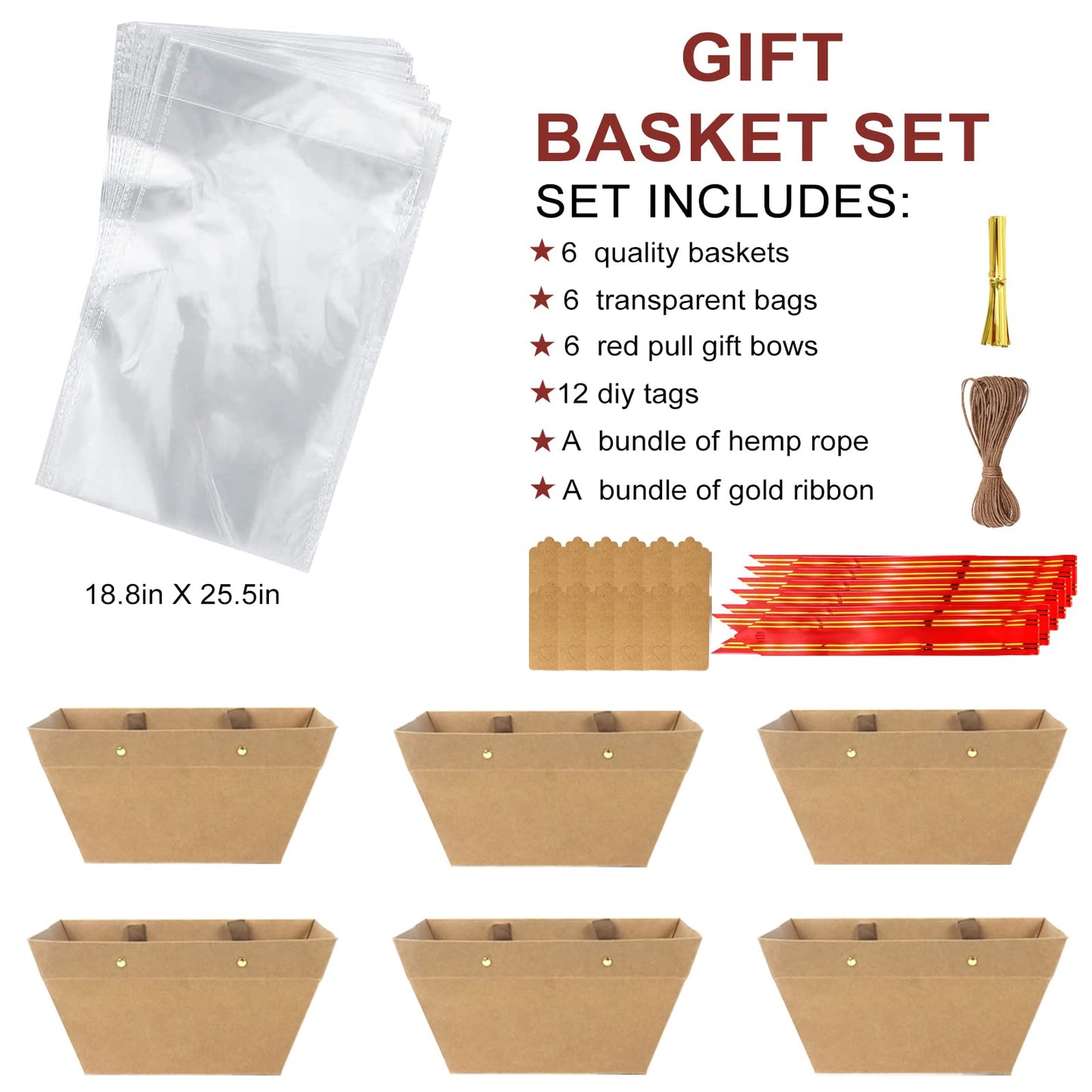 KEVTVEK Bigger Baskets for Gifts Empty, 6 Pack Sturdy Kraft Basket With Handles Gift Basket Kit, 6 Shrink Wrap Bags, 6 Bows and Hang Tag, Empty Gift Baskets to Fill for Graduation, Baby Shower