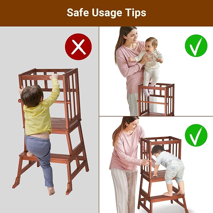 COSYLAND Kids Kitchen Step Stool, Toddler Standing Tower with CPC Certification, Removable Anti-Drop Railing Safety Rail Enjoys Unique Patented Design A Anti-tip Stable Structure 1.5-3 Years Brown