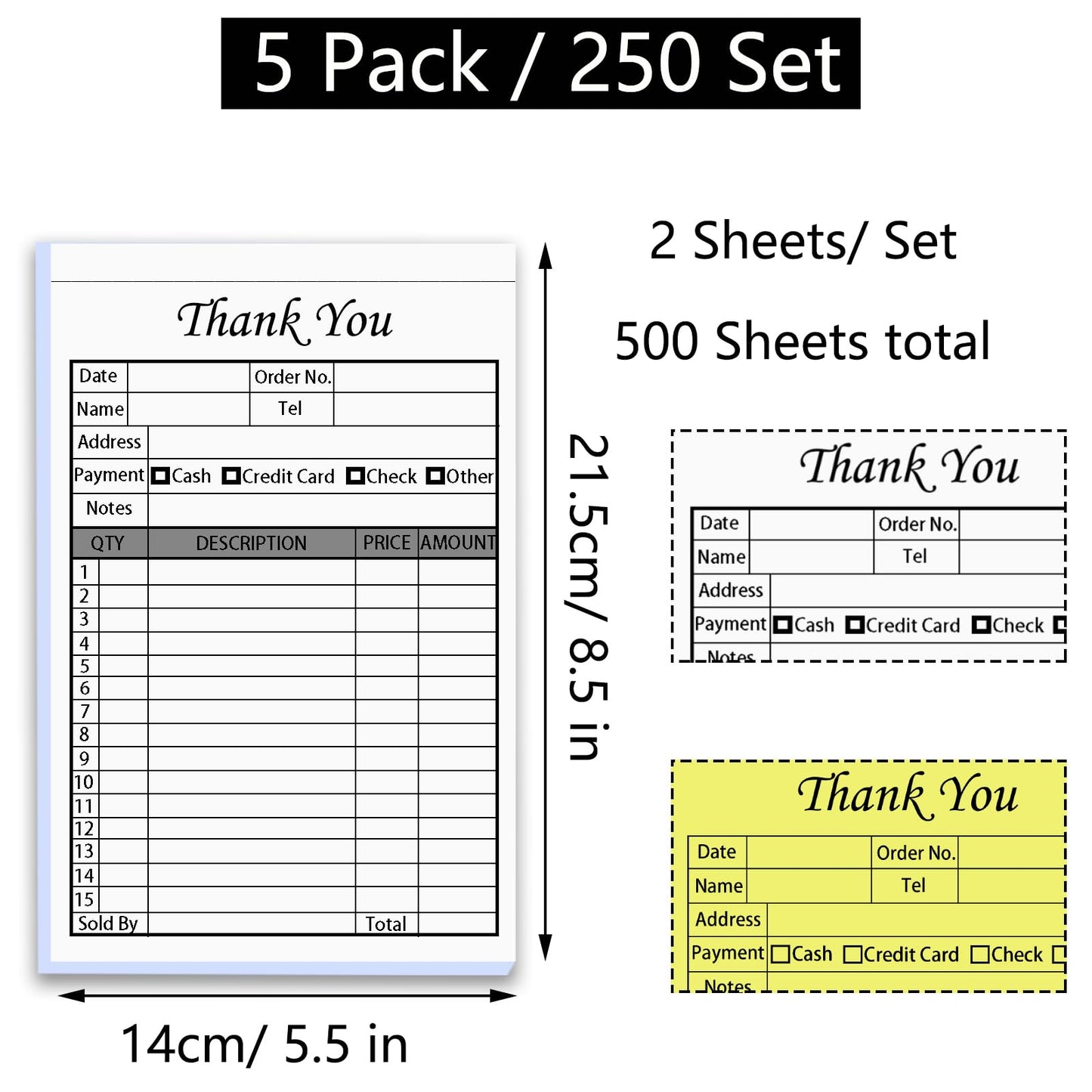 XUEJITECH 250 Sets Thank You Receipt Book with Carbonless Copies, 5.5 x 8.5 in Invoice Receipt Book for Small Business - White/Yellow