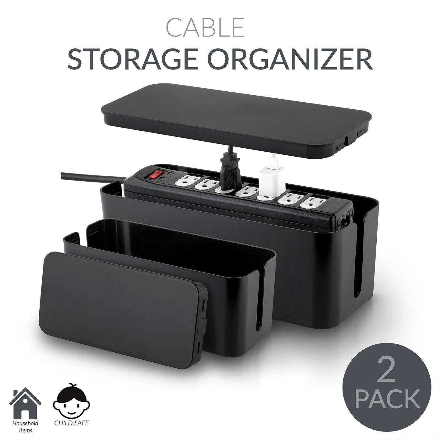 Simplify 2 Pack Cable Organizer Box | Multi-sized | Hidden Storage with Lid | Chargers & Wires | Computer & TV Cords | Black